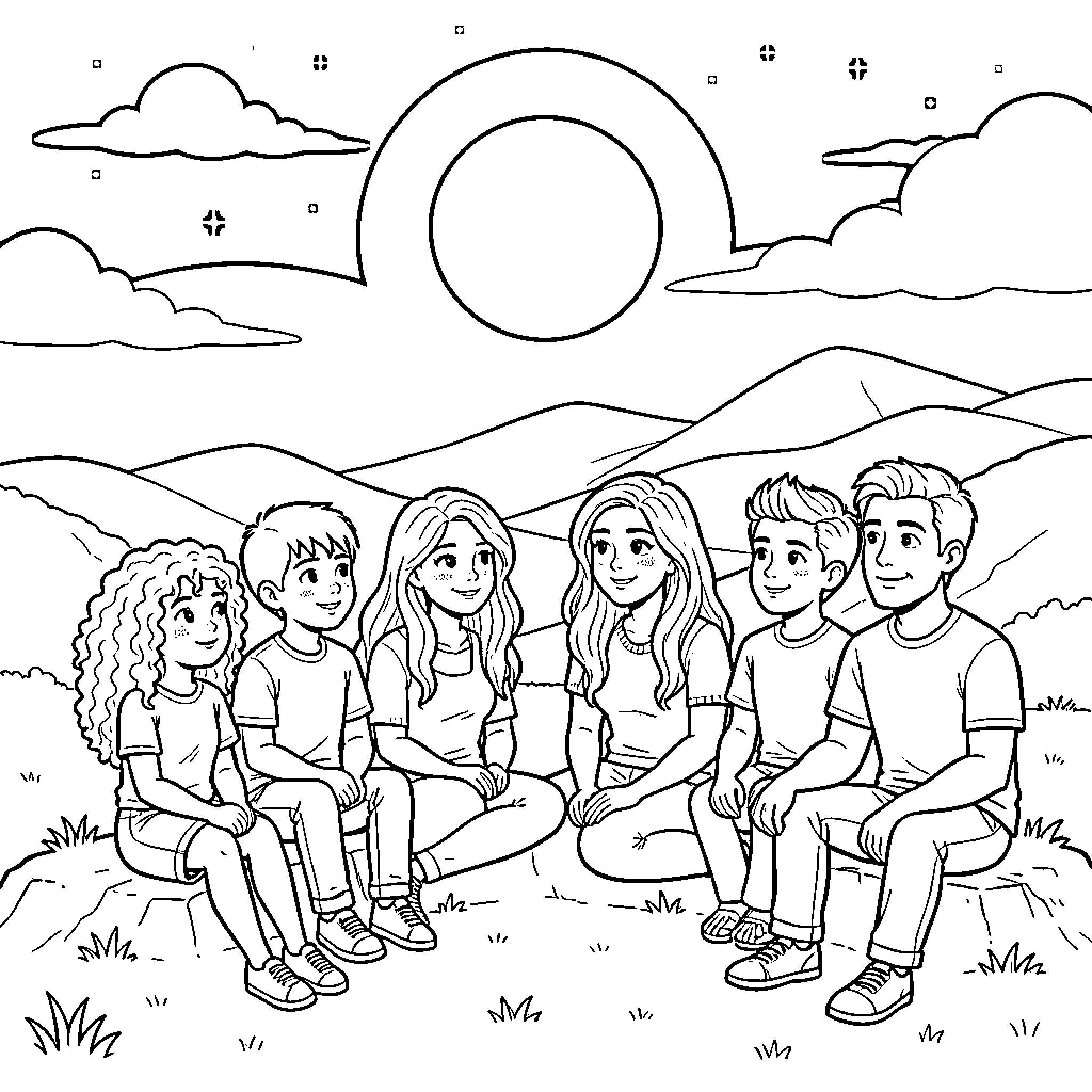 Child group sitting together enjoying a sunny day Coloring Page (free black-and-white line drawing printable PDF for all, from beginners to advanced learners, including children, teens, adults, and seniors)