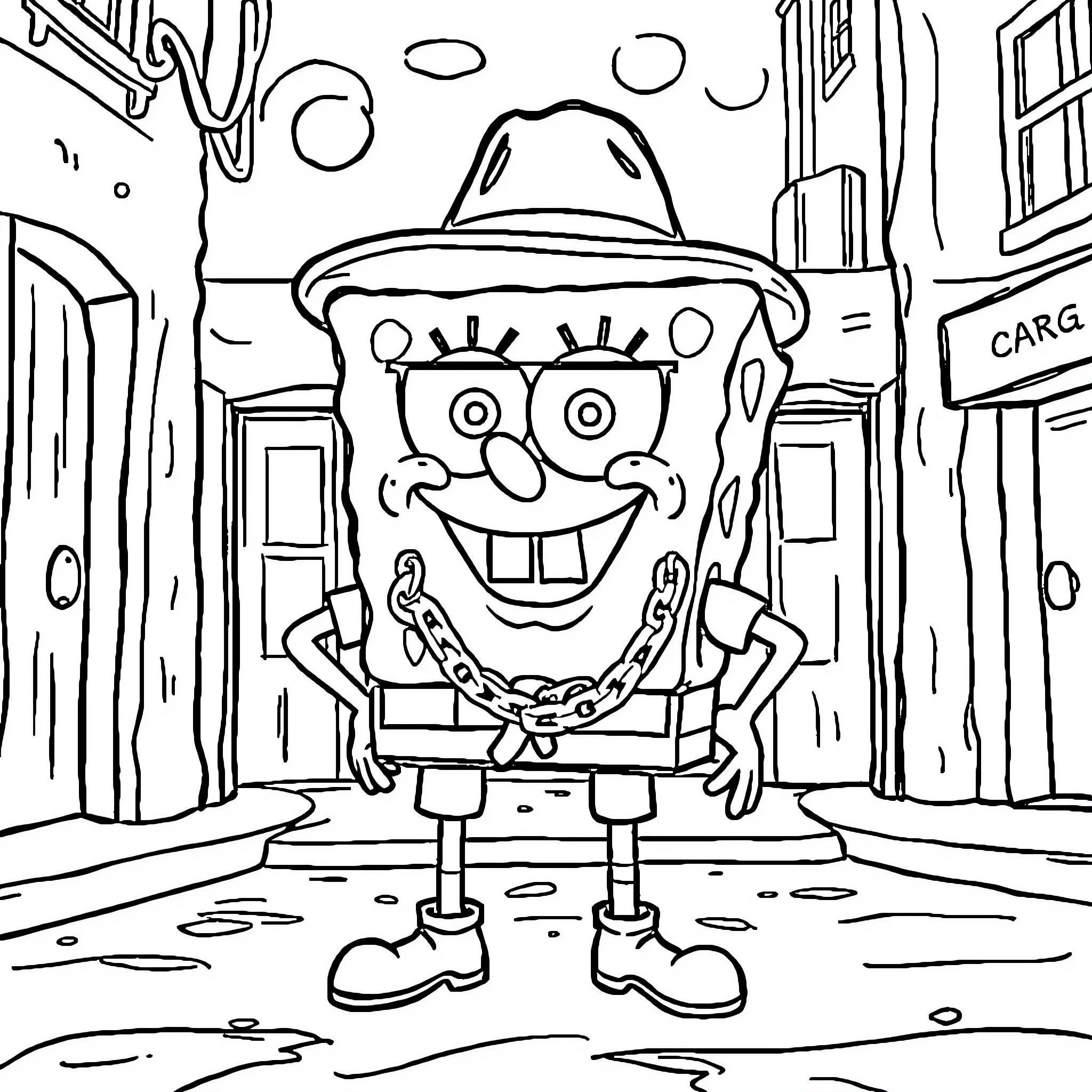 Spongebob wearing a hat and chains in an alley Coloring Page (free black-and-white line drawing printable PDF for all, from beginners to advanced learners, including children, teens, adults, and seniors)