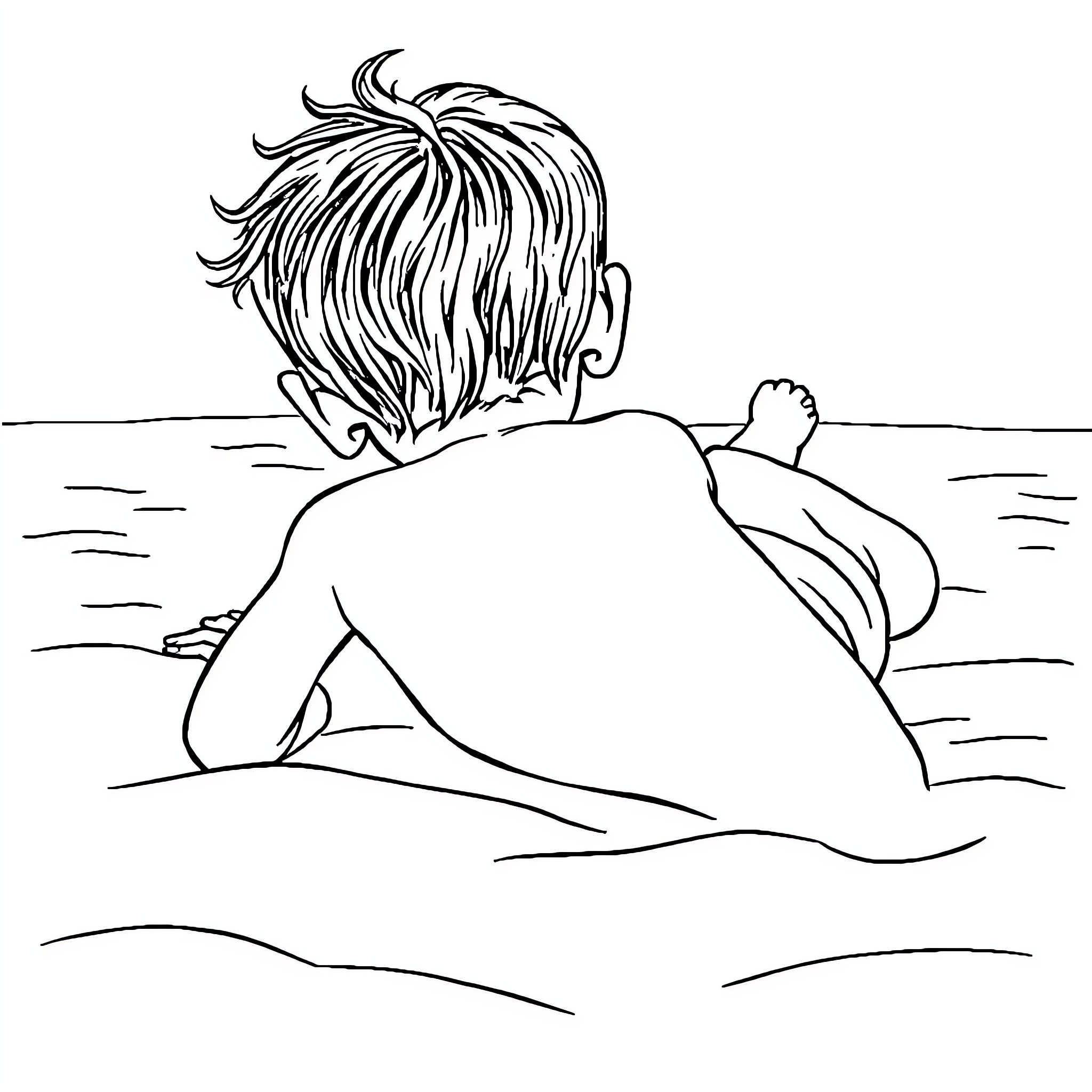Child relaxing peacefully by the water Coloring Page (free black-and-white line drawing printable PDF for all, from beginners to advanced learners, including children, teens, adults, and seniors)