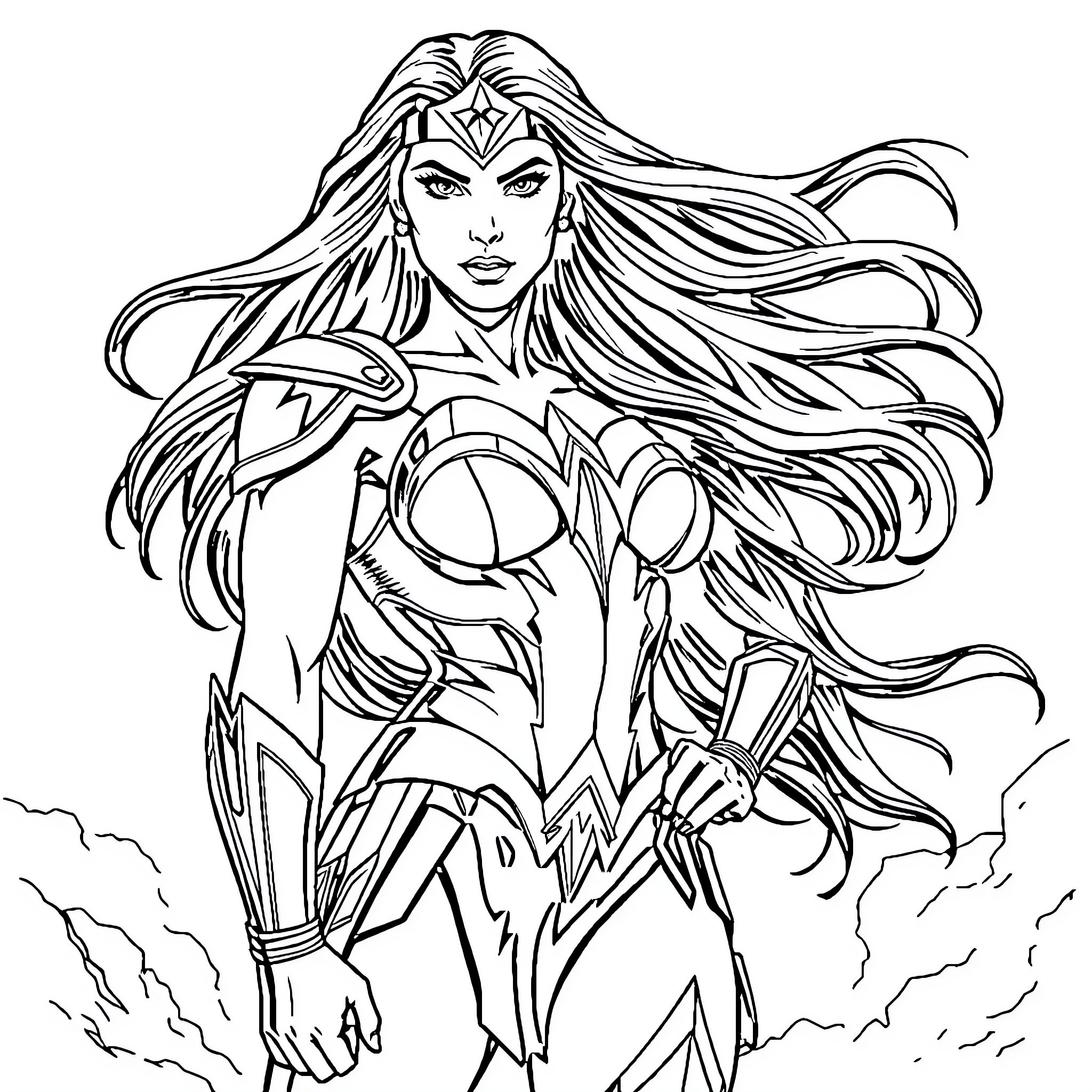Wonder Woman in Action Pose with Flowing Hair Coloring Page (free black-and-white line drawing printable PDF for all, from beginners to advanced learners, including children, teens, adults, and seniors)
