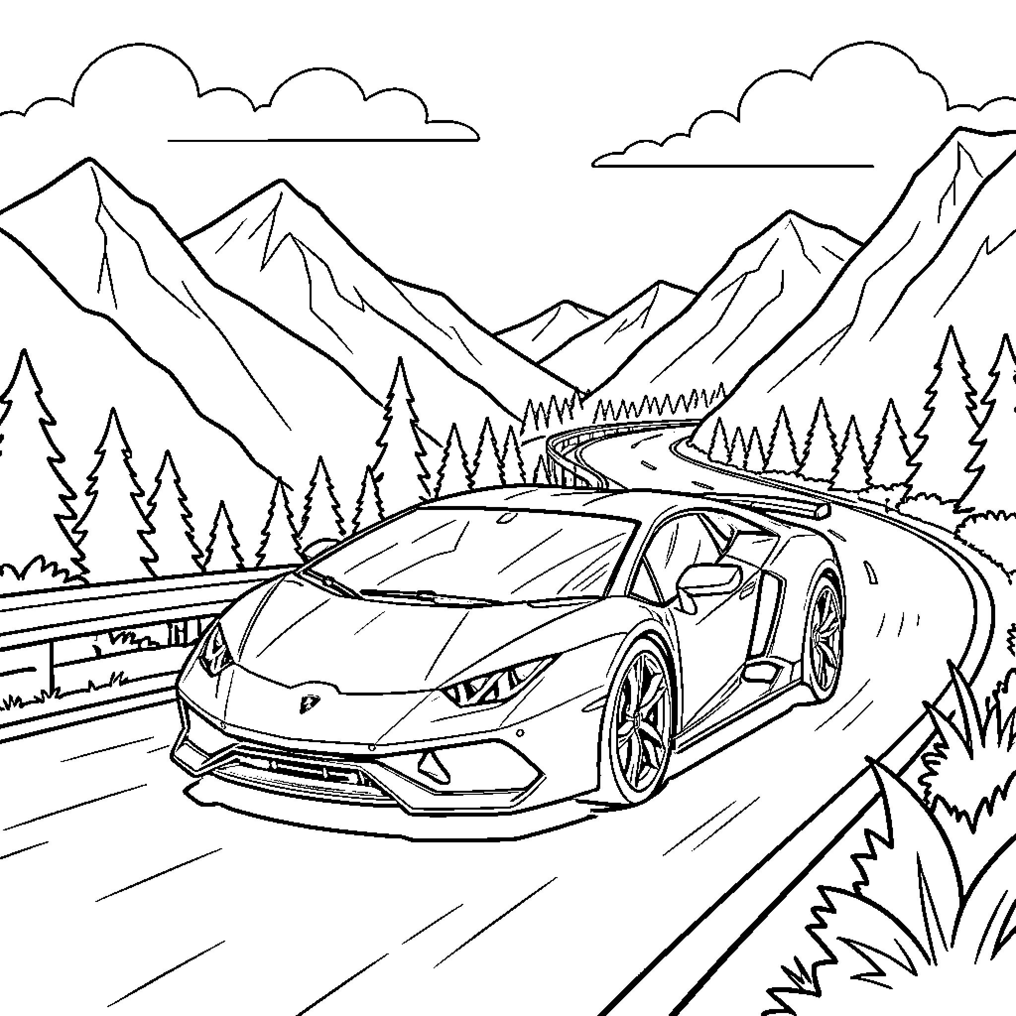 Lamborghini driving along a scenic mountain road Coloring Page (free black-and-white line drawing printable PDF for all, from beginners to advanced learners, including children, teens, adults, and seniors)