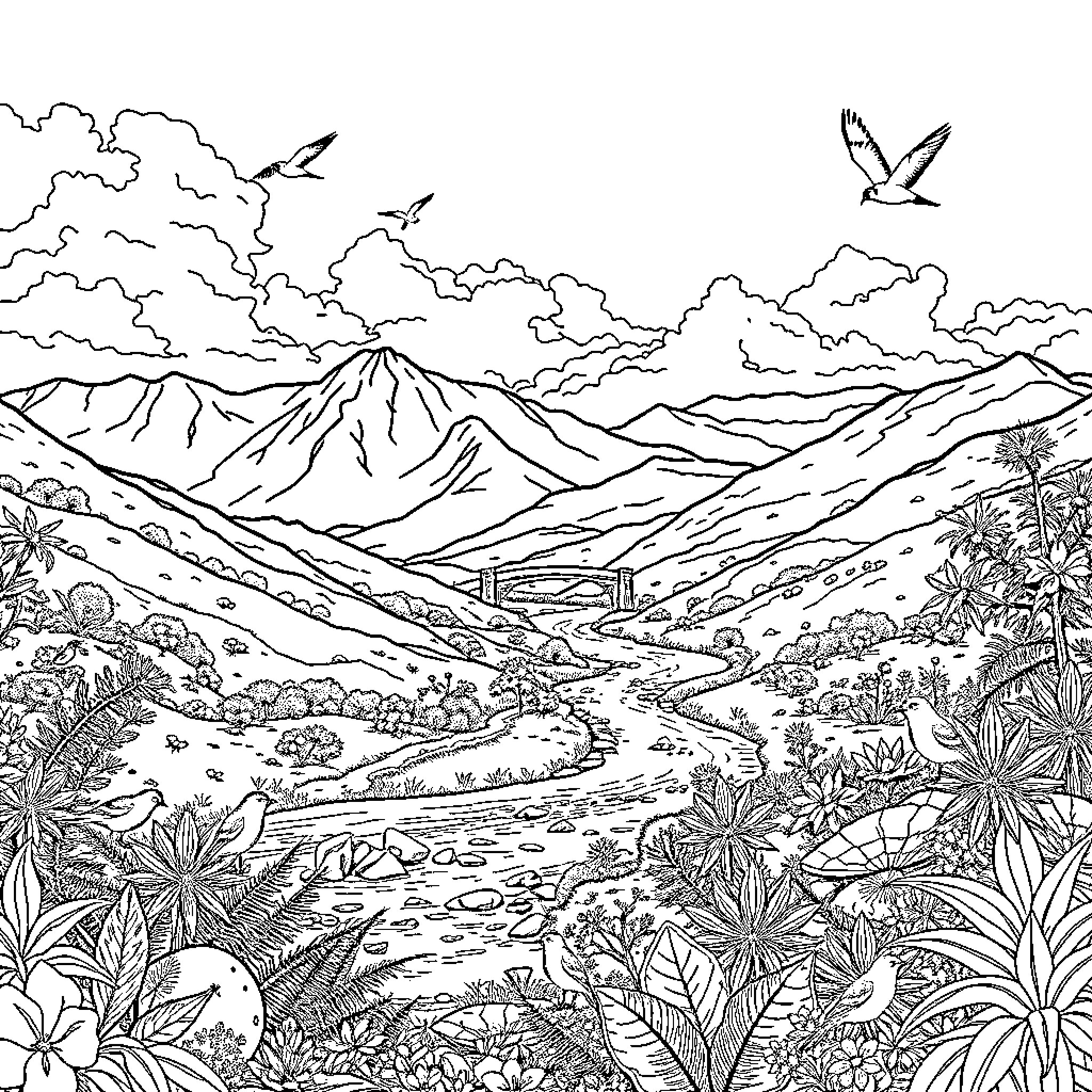 Landscape of a mountainous countryside with birds Coloring Page (free black-and-white line drawing printable PDF for all, from beginners to advanced learners, including children, teens, adults, and seniors)