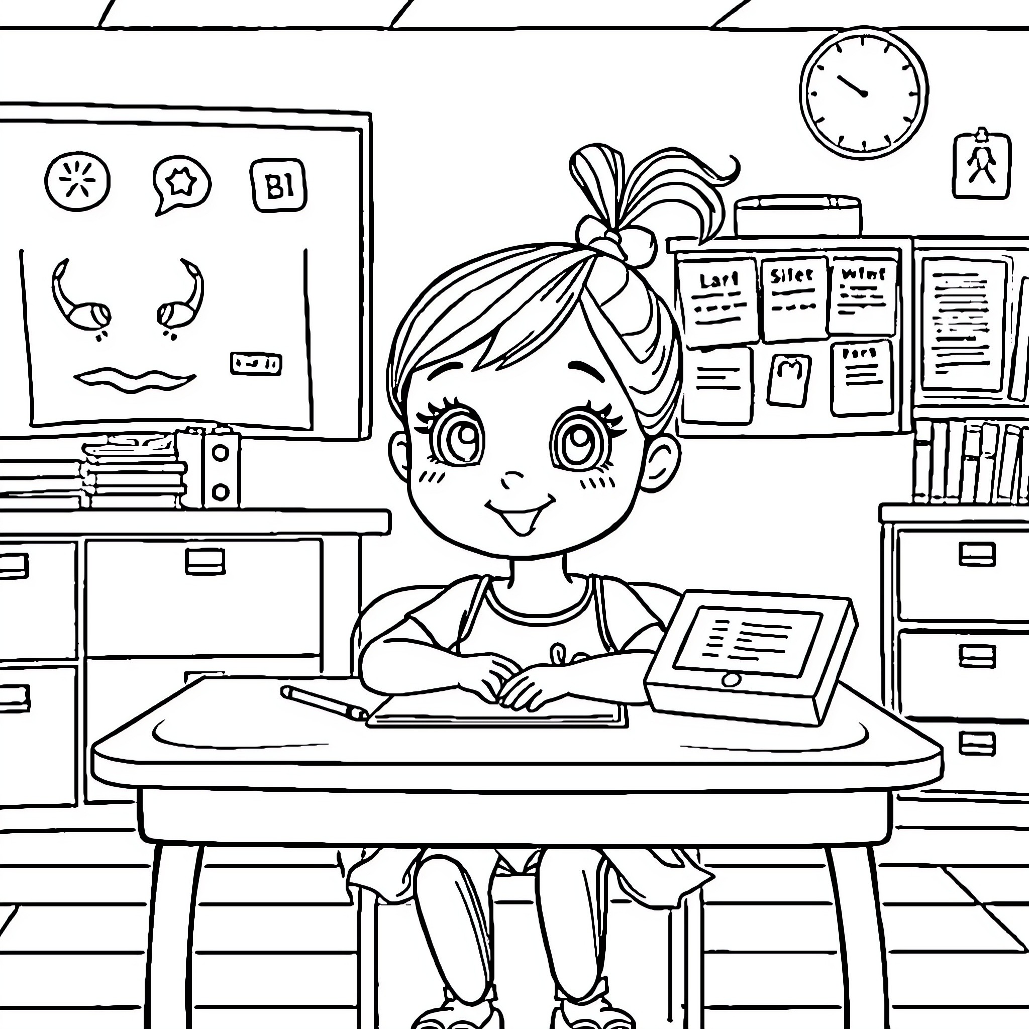 Girl Studying Diligently in Classroom Coloring Page (free black-and-white line drawing printable PDF for all, from beginners to advanced learners, including children, teens, adults, and seniors)