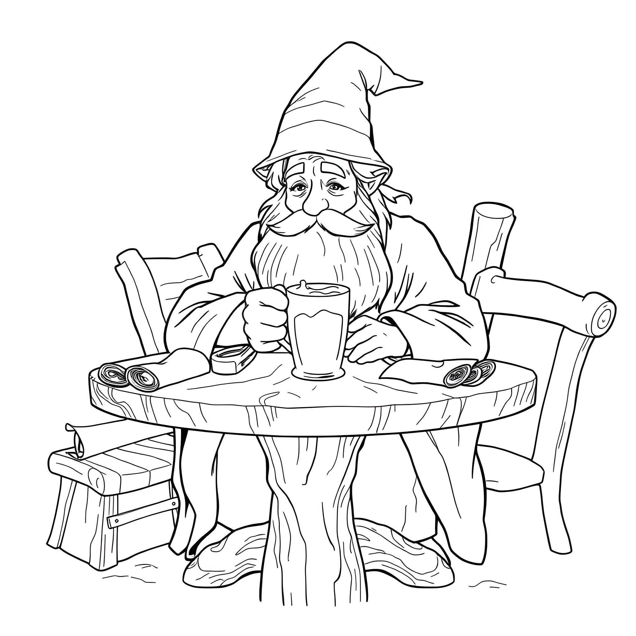 Gandalf enjoying a cup of tea by the fireplace Coloring Page (free black-and-white line drawing printable PDF for all, from beginners to advanced learners, including children, teens, adults, and seniors)