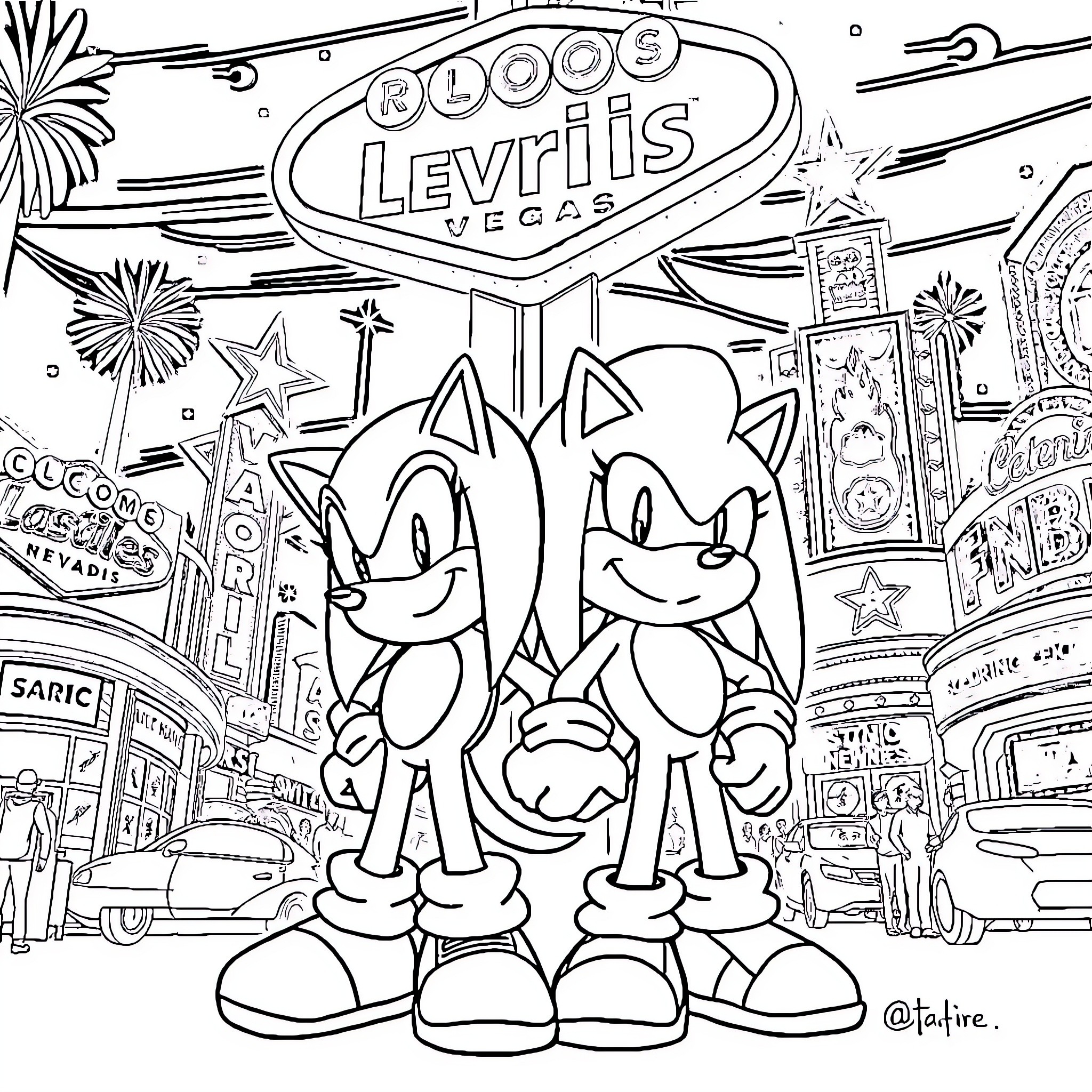 Sonic characters explore the bright lights of Las Vegas Coloring Page (free black-and-white line drawing printable PDF for all, from beginners to advanced learners, including children, teens, adults, and seniors)