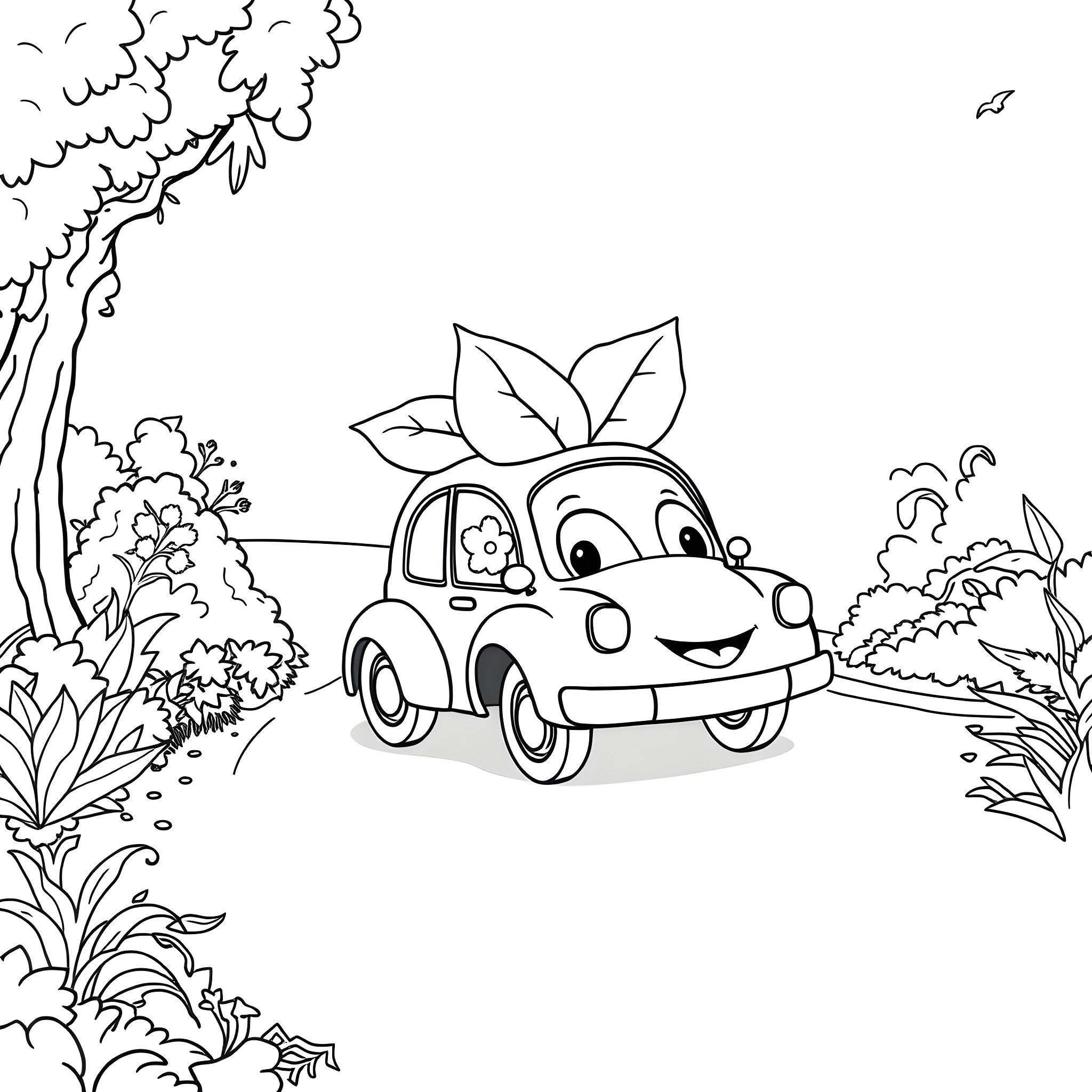 Herby Car on a Joyful Nature Adventure Coloring Page (free black-and-white line drawing printable PDF for all, from beginners to advanced learners, including children, teens, adults, and seniors)