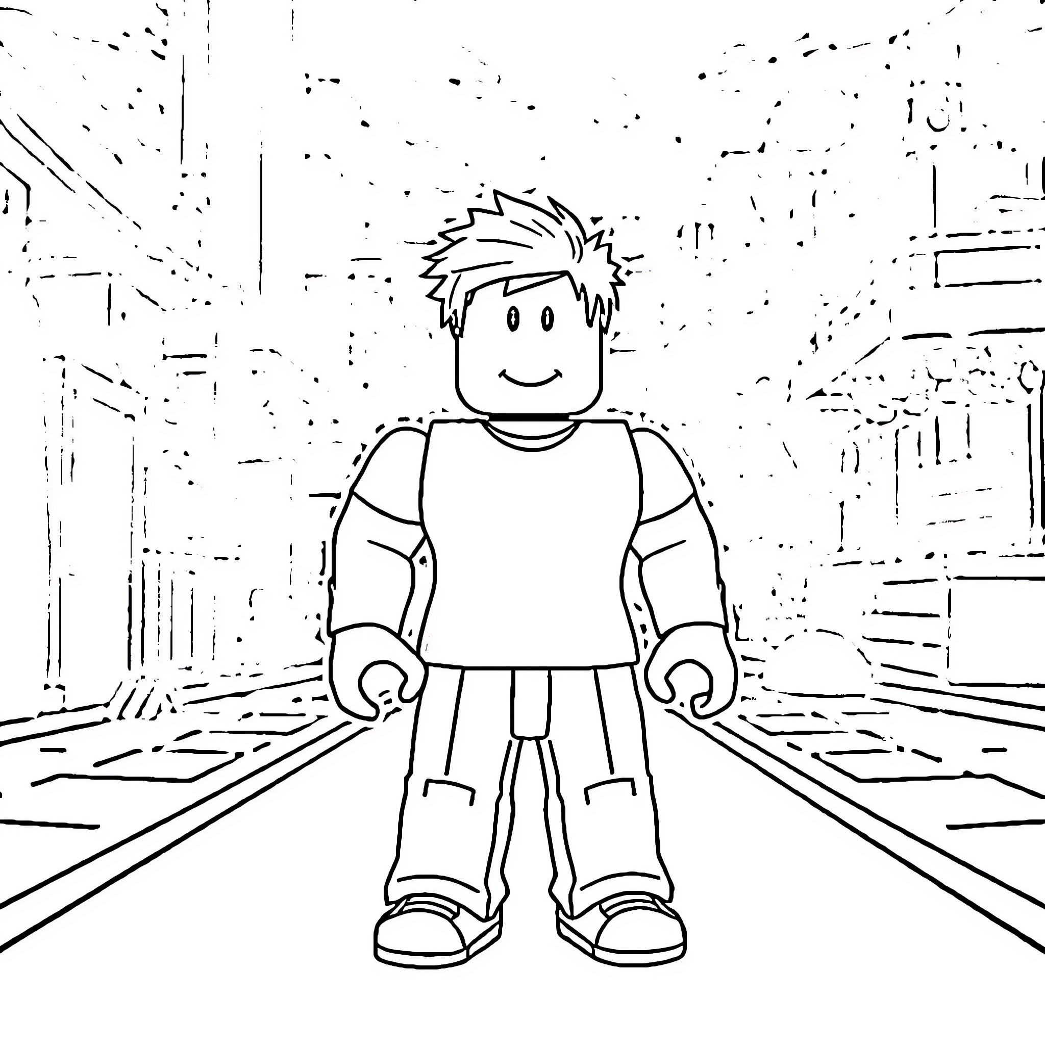 Roblox Noob exploring a digital world Coloring Page (free black-and-white line drawing printable PDF for all, from beginners to advanced learners, including children, teens, adults, and seniors)
