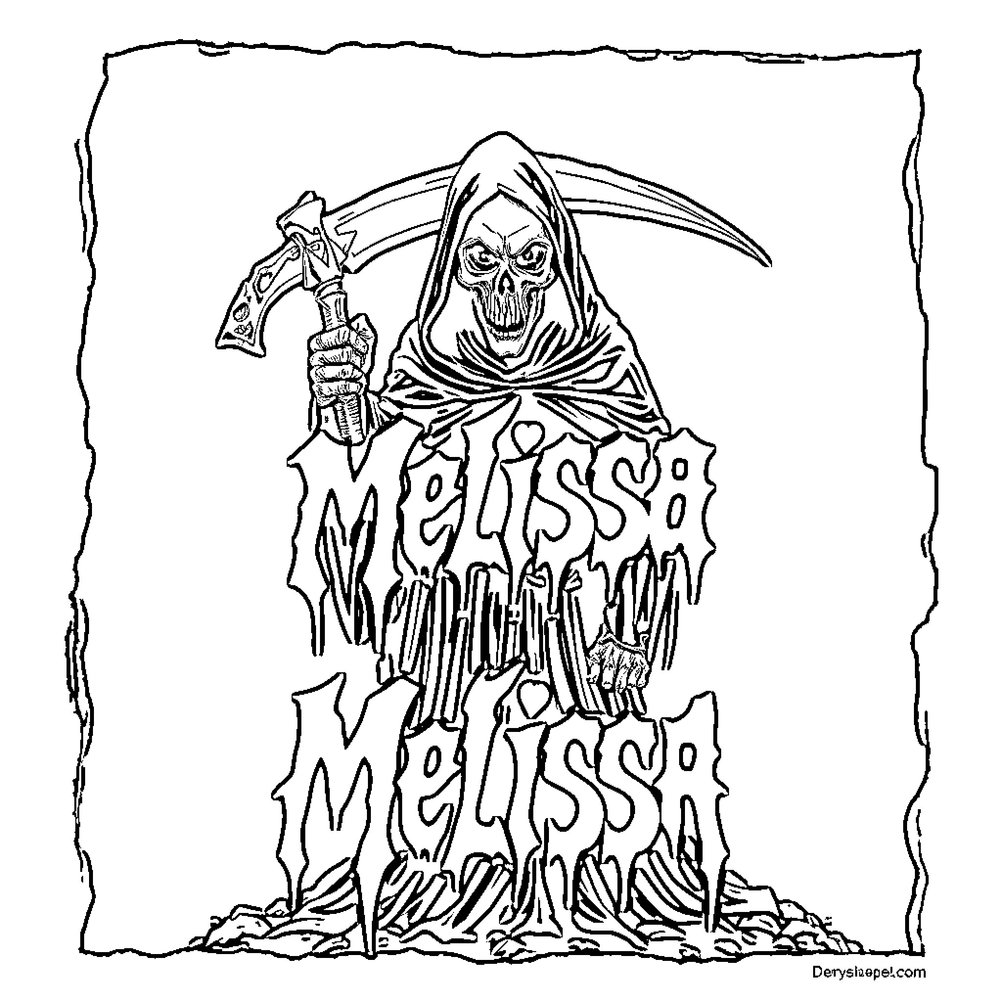 Grim Reaper wielding scythe with ominous text Coloring Page (free black-and-white line drawing printable PDF for all, from beginners to advanced learners, including children, teens, adults, and seniors)