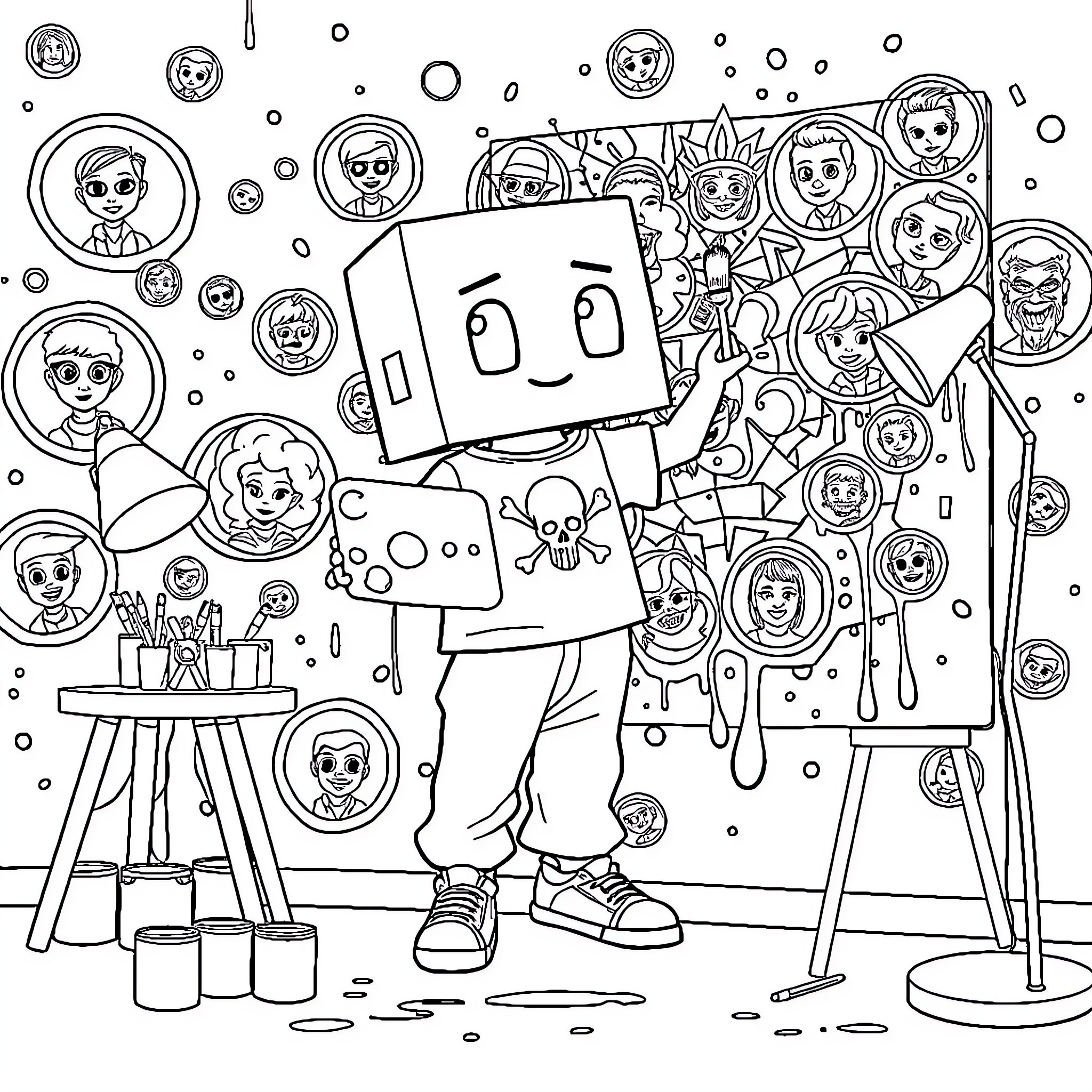 Character creating artistic expressions in a whimsical scene Coloring Page (free black-and-white line drawing printable PDF for all, from beginners to advanced learners, including children, teens, adults, and seniors)