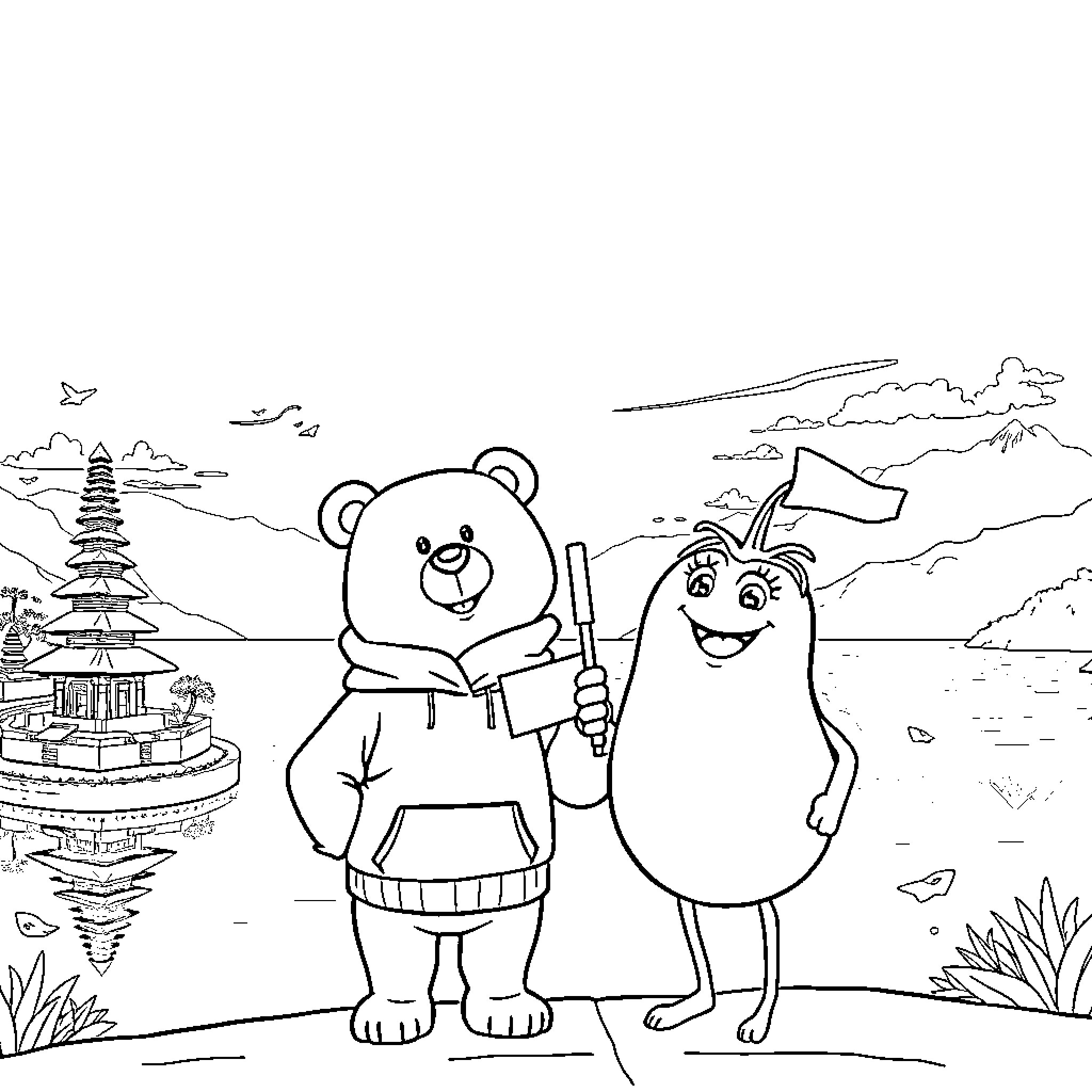 Bear and Monster Exploring Scenic Landscape Coloring Page (free black-and-white line drawing printable PDF for all, from beginners to advanced learners, including children, teens, adults, and seniors)