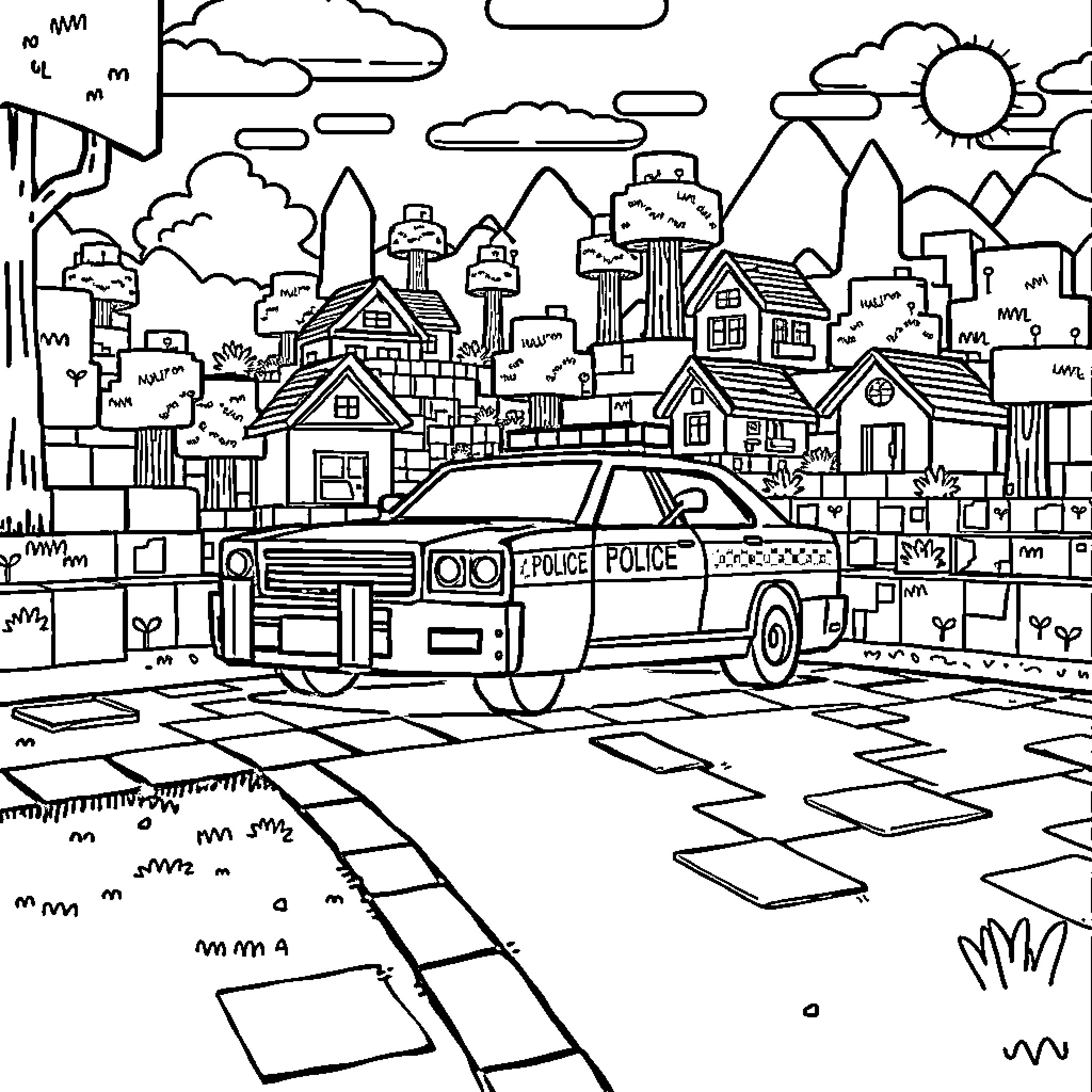 Police Car Patrolling Cityscape at Daytime Coloring Page (free black-and-white line drawing printable PDF for all, from beginners to advanced learners, including children, teens, adults, and seniors)