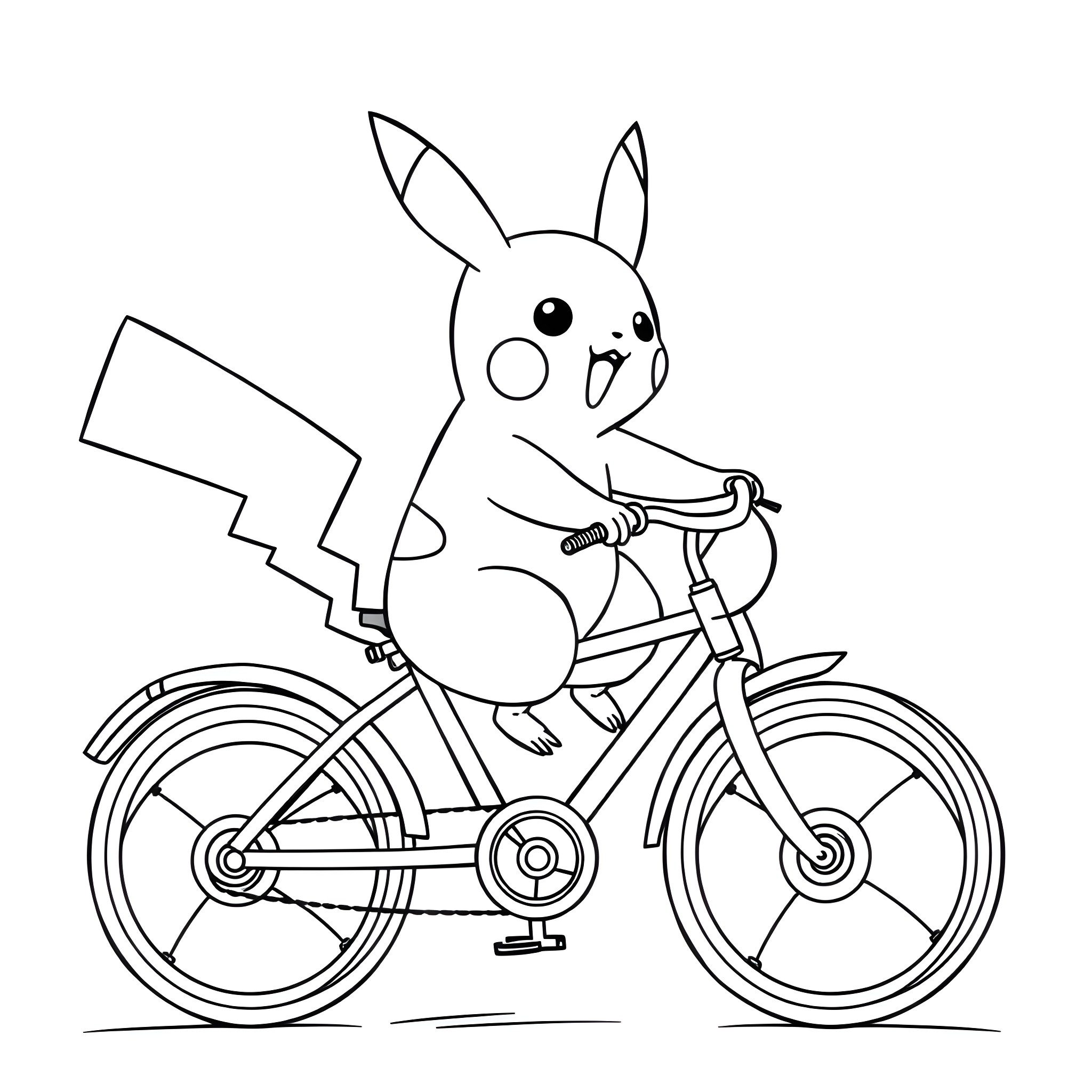 Pikachu riding a bicycle with excitement Coloring Page (free black-and-white line drawing printable PDF for all, from beginners to advanced learners, including children, teens, adults, and seniors)