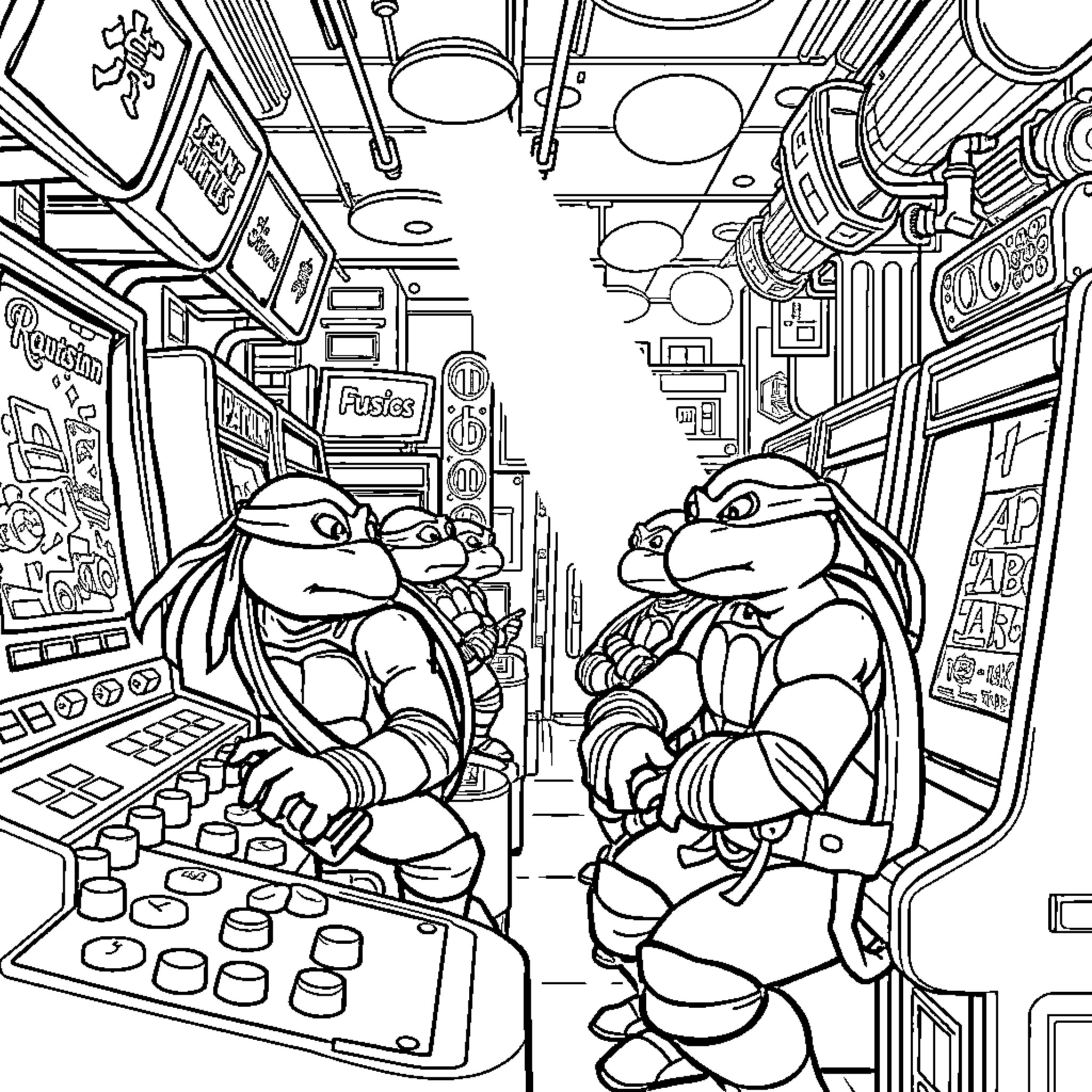Teenage Mutant Ninja Turtles Exploring the Arcade Coloring Page (free black-and-white line drawing printable PDF for all, from beginners to advanced learners, including children, teens, adults, and seniors)