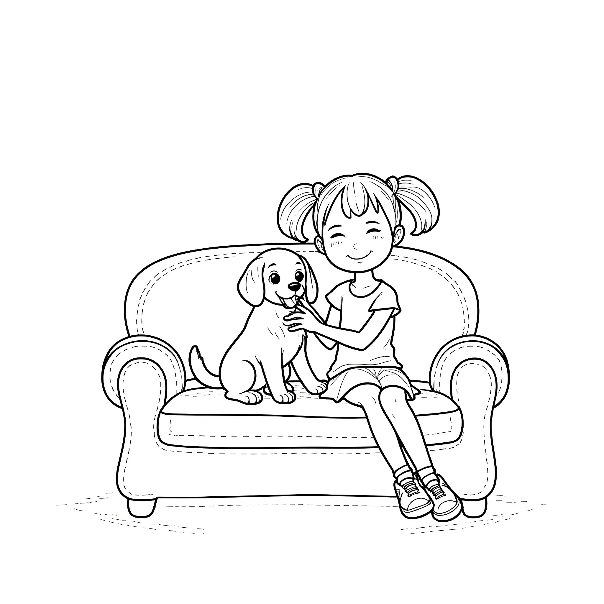 Child playing happily with puppy on couch Coloring Page (free black-and-white line drawing printable PDF for all, from beginners to advanced learners, including children, teens, adults, and seniors)