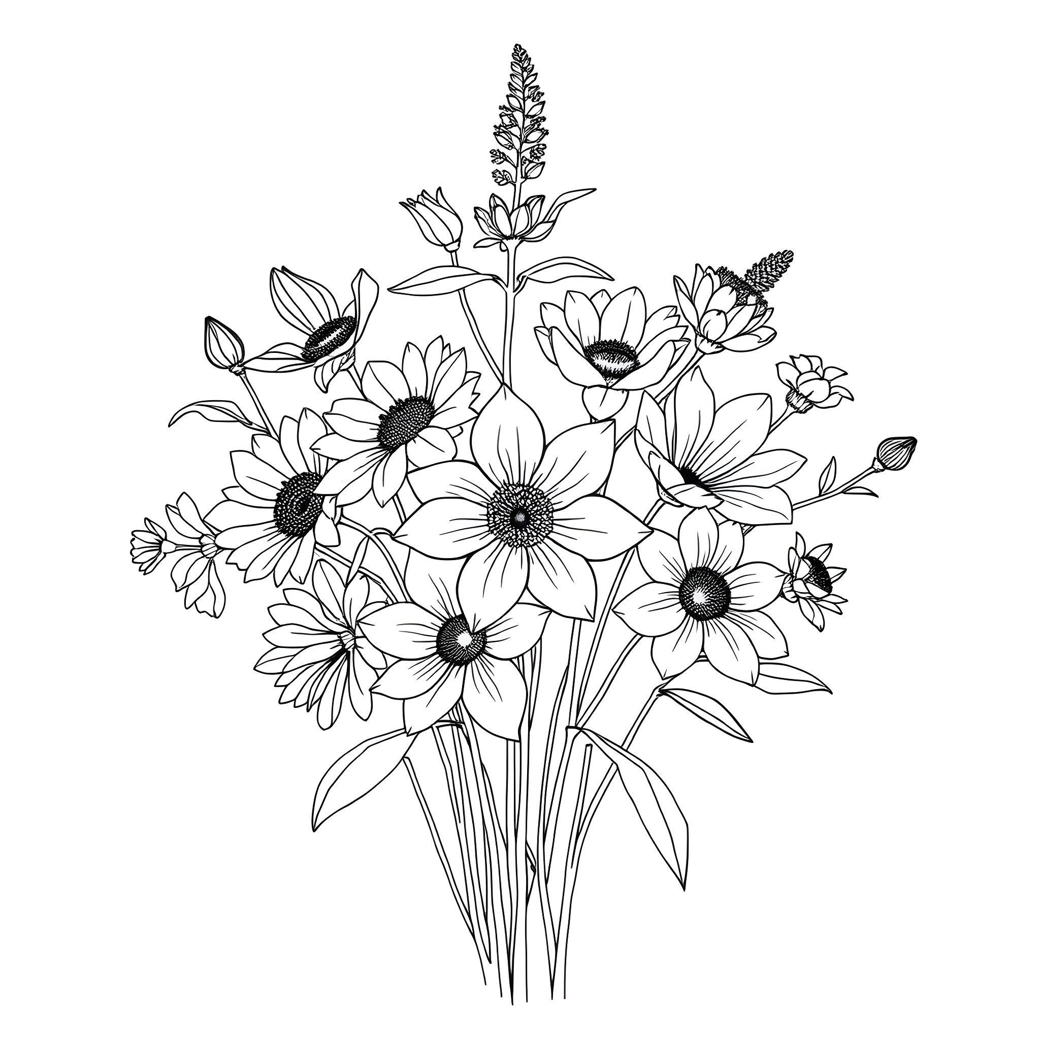 Flower bouquet with diverse blooming flora Coloring Page (free black-and-white line drawing printable PDF for all, from beginners to advanced learners, including children, teens, adults, and seniors)