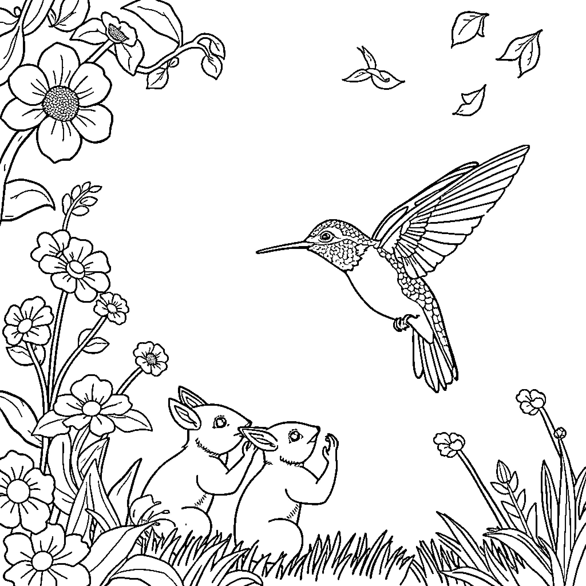 Hummingbird gracefully flying amidst blooming flowers Coloring Page (free black-and-white line drawing printable PDF for all, from beginners to advanced learners, including children, teens, adults, and seniors)
