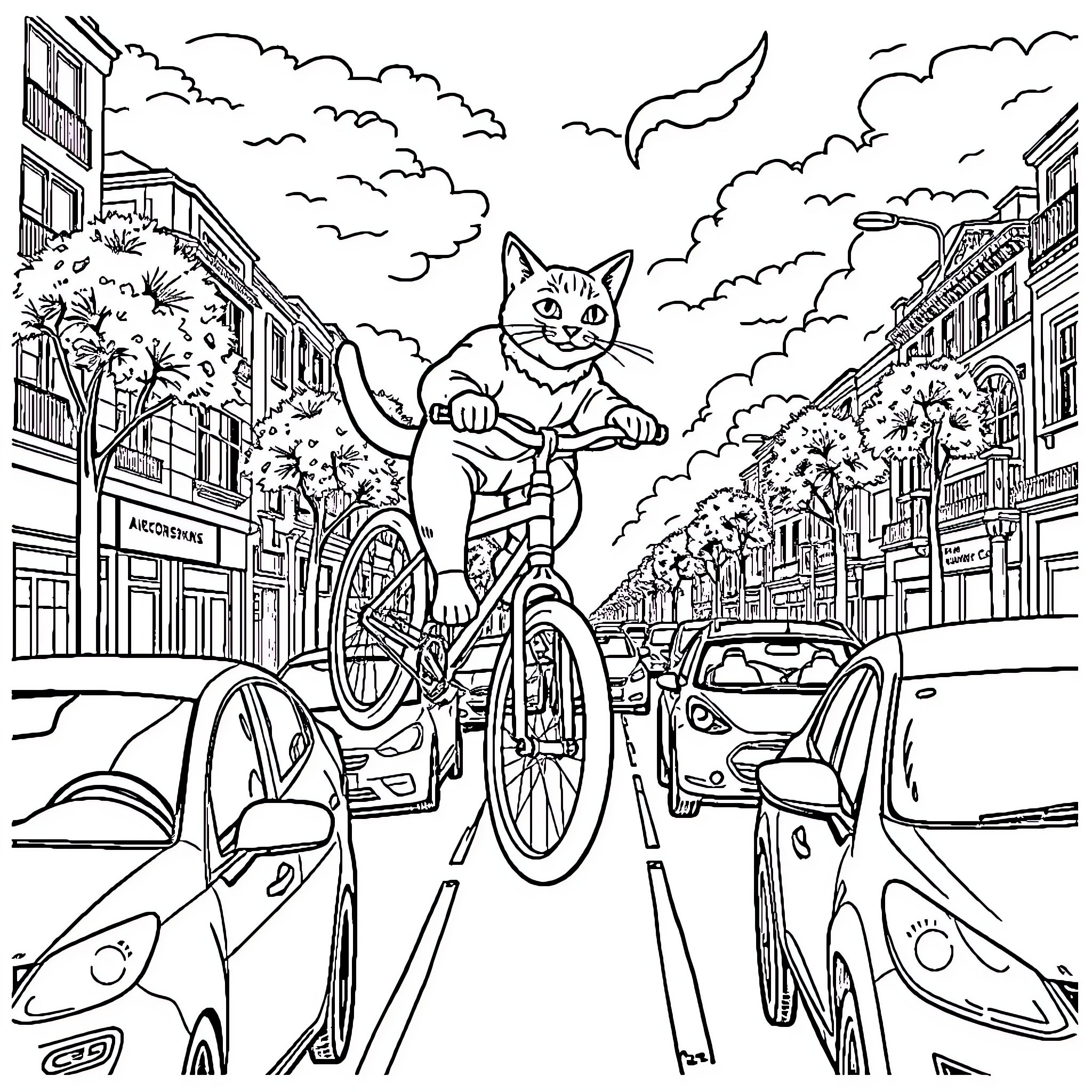 Cat riding a bicycle on a busy city street Coloring Page (free black-and-white line drawing printable PDF for all, from beginners to advanced learners, including children, teens, adults, and seniors)