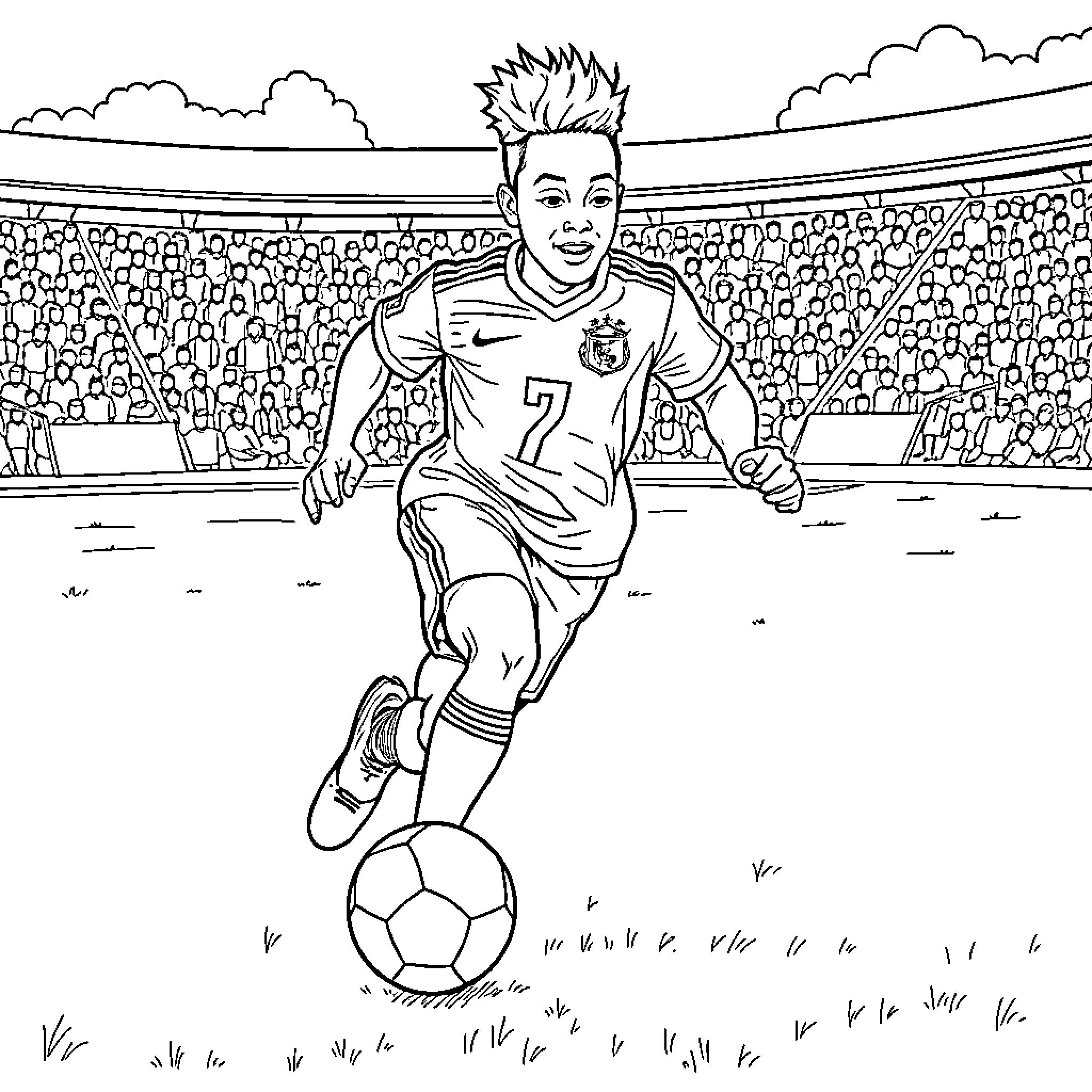 Joelinton playing soccer on field with crowd Coloring Page (free black-and-white line drawing printable PDF for all, from beginners to advanced learners, including children, teens, adults, and seniors)