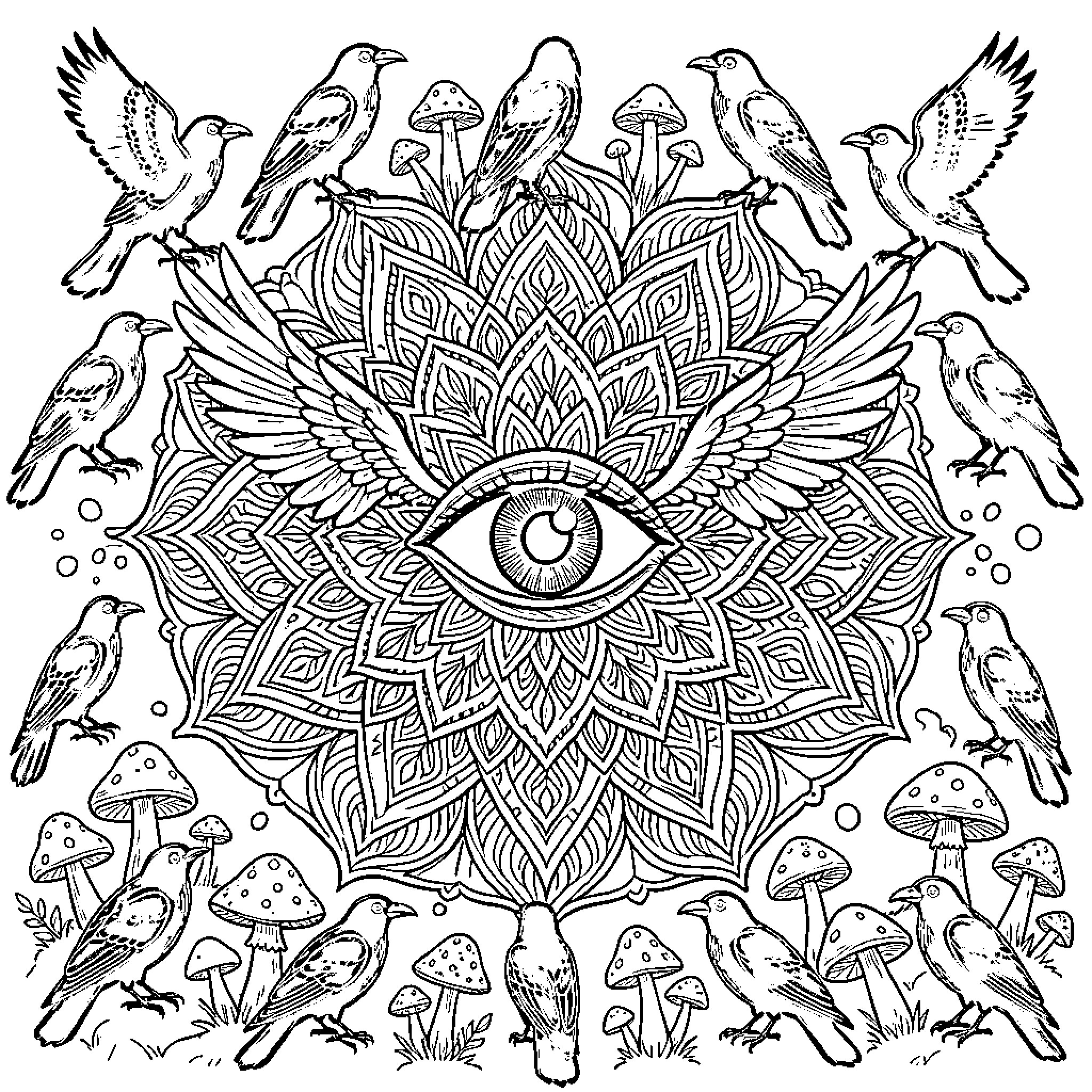 Ojo Mystical Nature Mandala Coloring Page (free black-and-white line drawing printable PDF for all, from beginners to advanced learners, including children, teens, adults, and seniors)