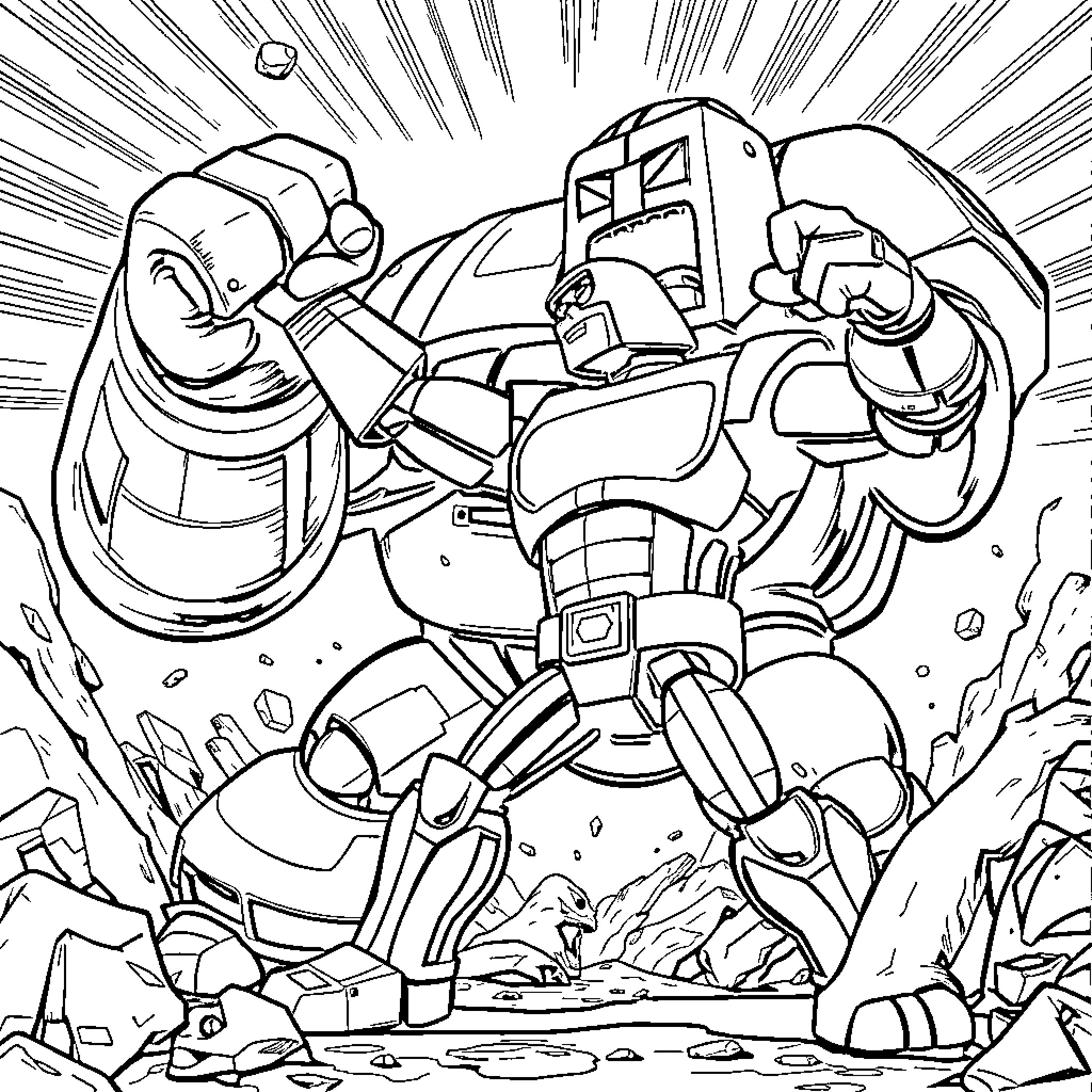 Stretch Armstrong battles a giant robot Coloring Page (free black-and-white line drawing printable PDF for all, from beginners to advanced learners, including children, teens, adults, and seniors)