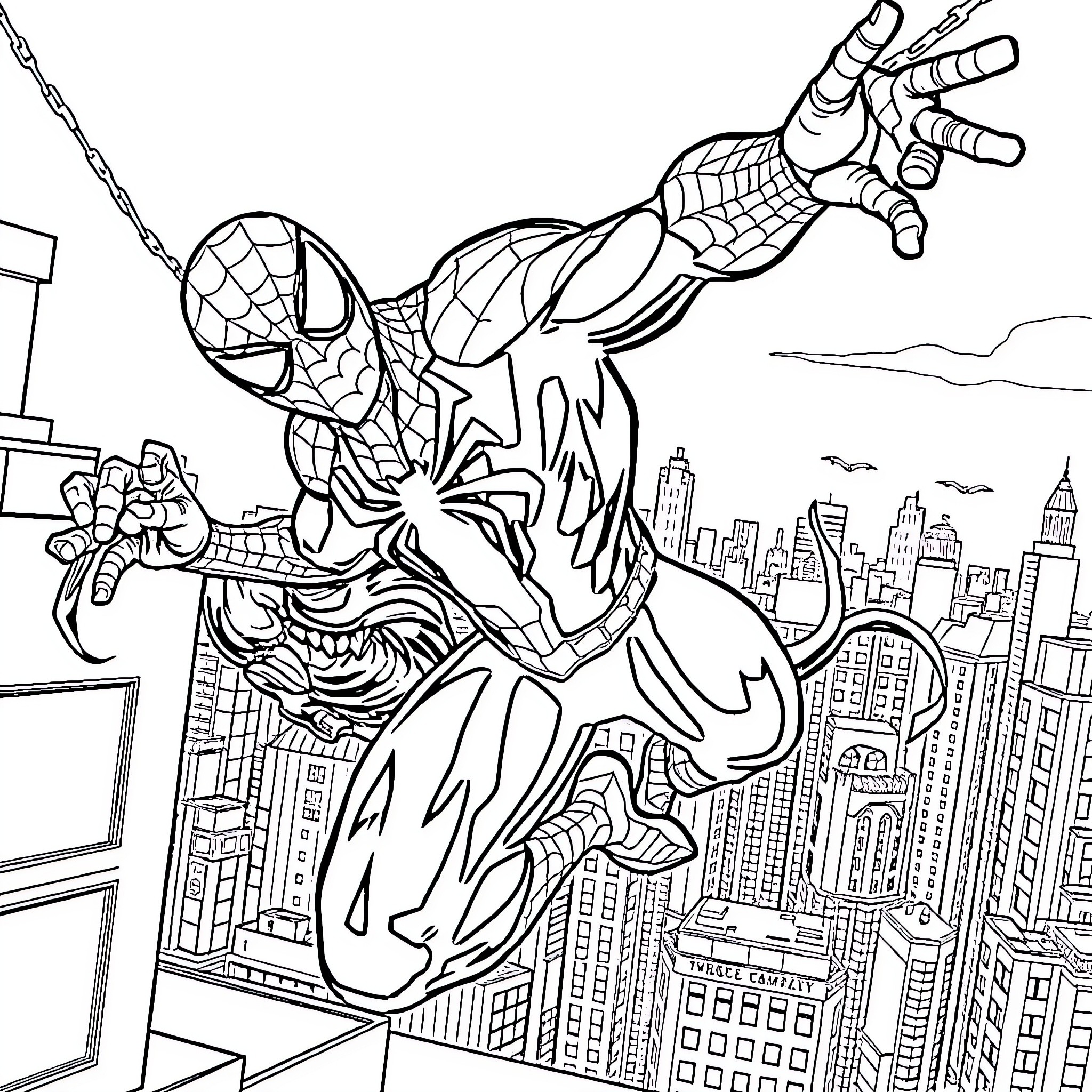 Spider-Man swinging heroically over the city skyline Coloring Page (free black-and-white line drawing printable PDF for all, from beginners to advanced learners, including children, teens, adults, and seniors)