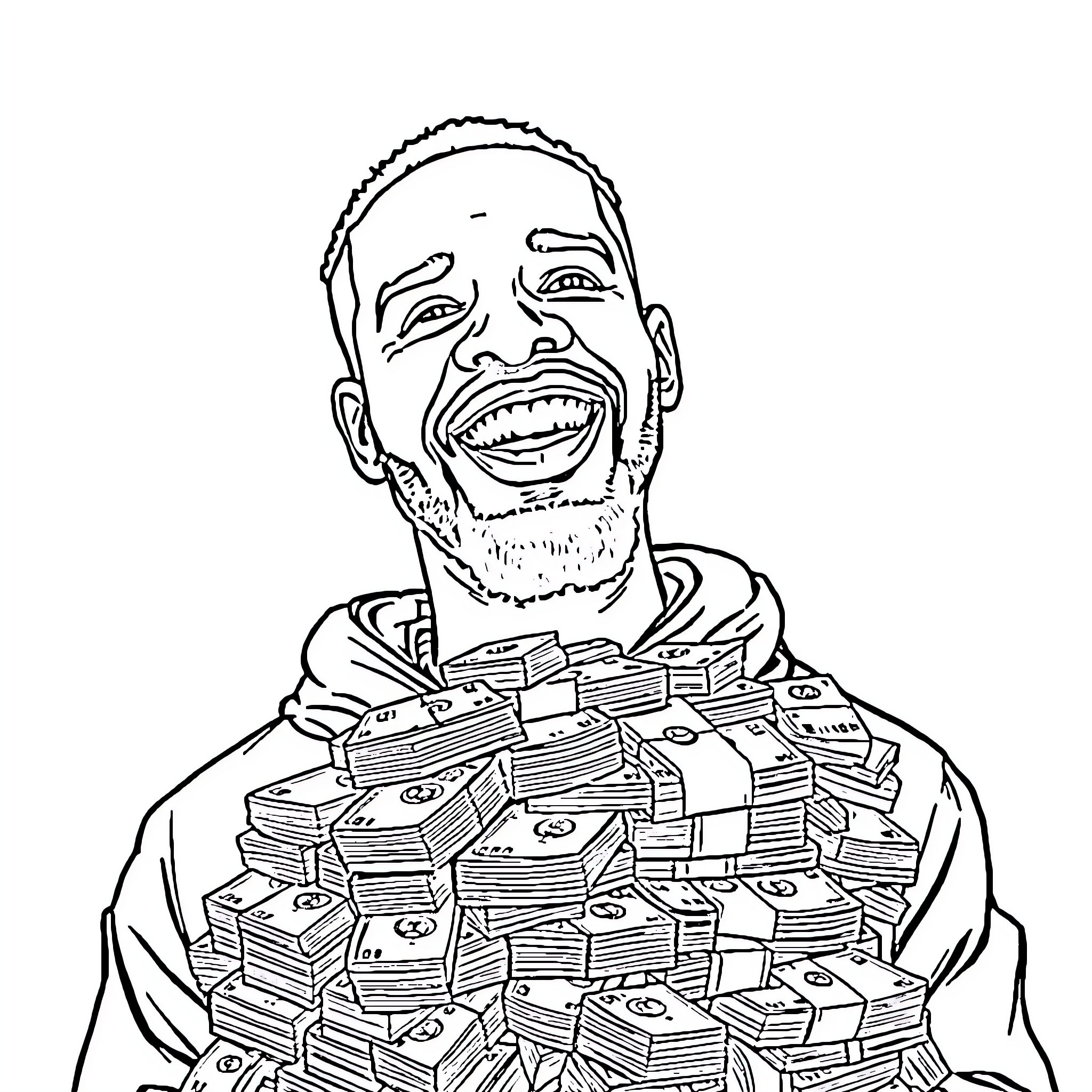 Drake surrounded by stacks of cash Coloring Page (free black-and-white line drawing printable PDF for all, from beginners to advanced learners, including children, teens, adults, and seniors)