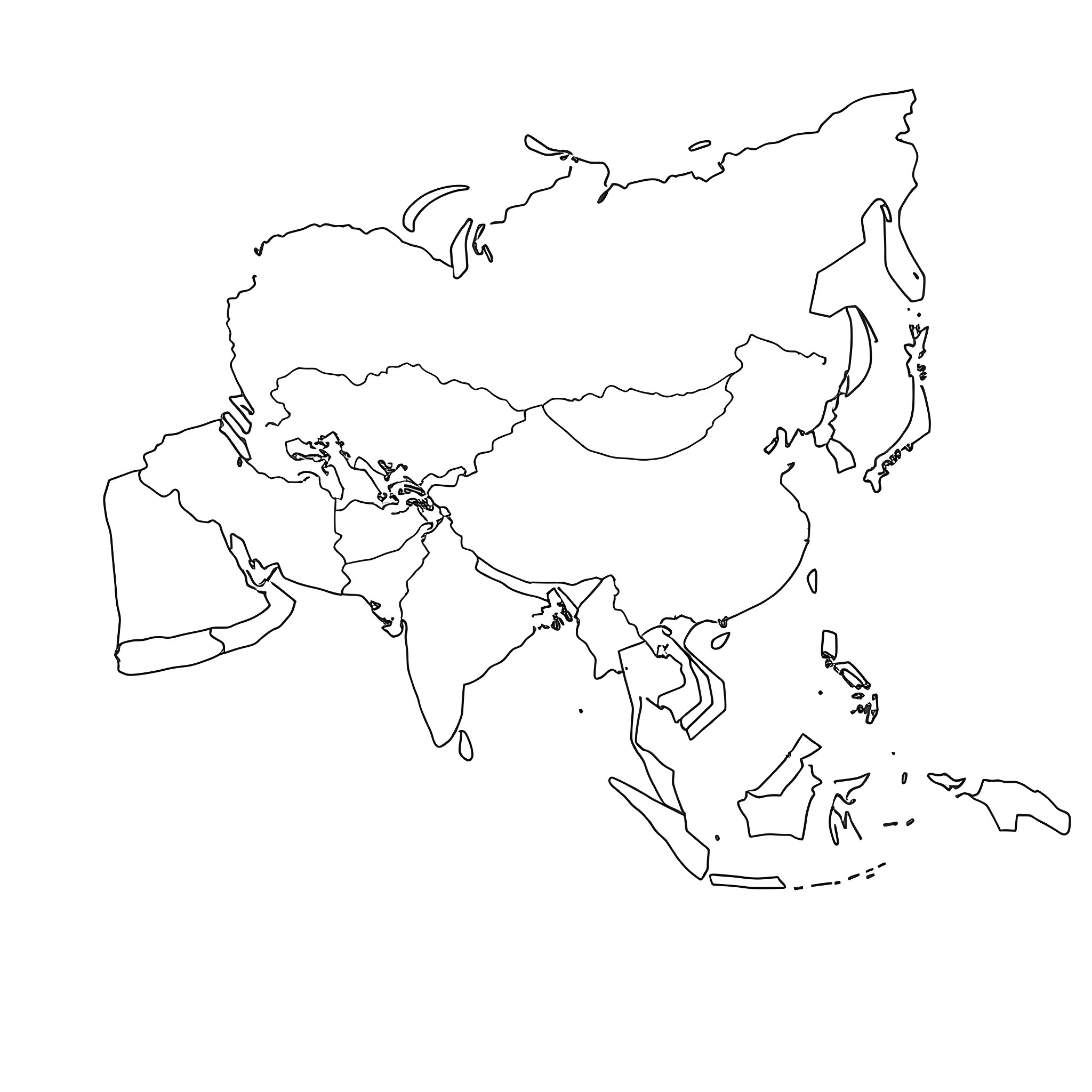 Asia: Outline map of the continent Coloring Page (free black-and-white line drawing printable PDF for all, from beginners to advanced learners, including children, teens, adults, and seniors)
