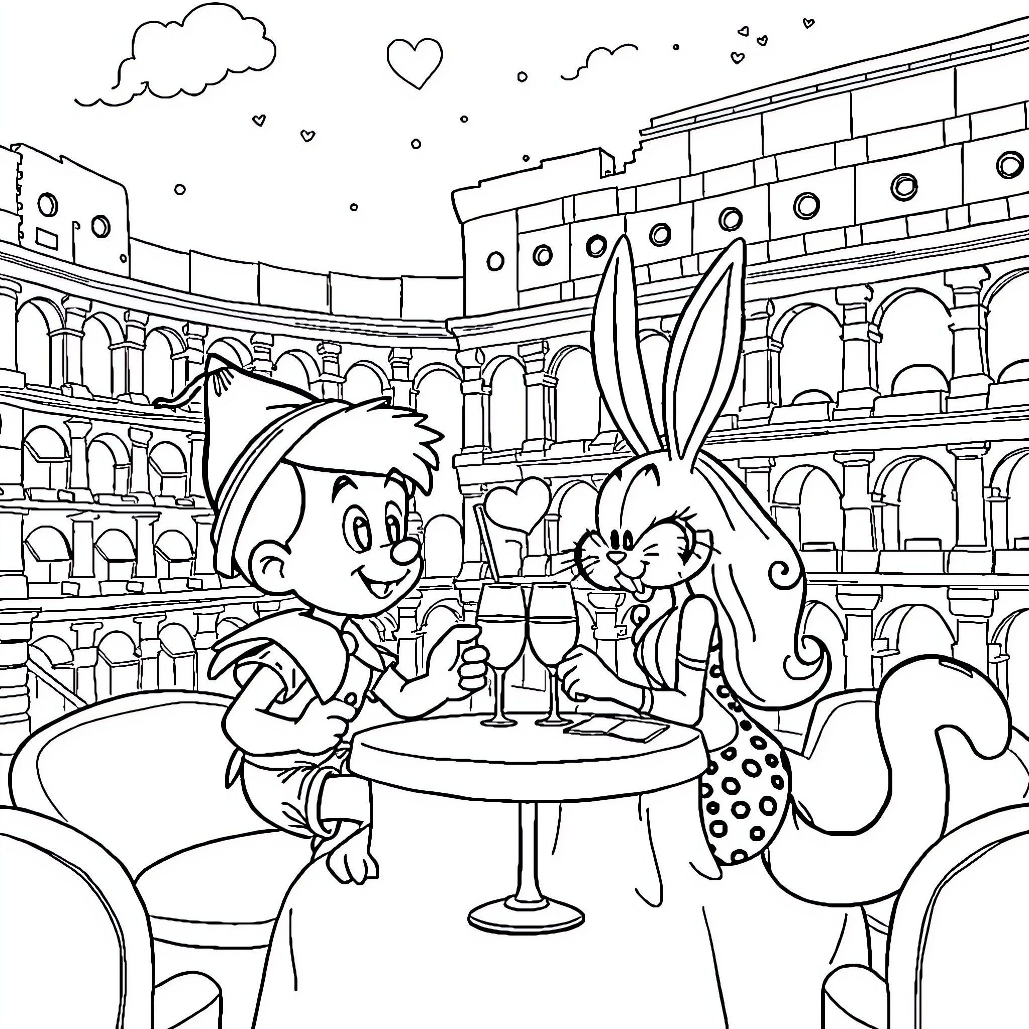 Pinocchio and Rabbit Enjoying Drinks in Colosseum Coloring Page (free black-and-white line drawing printable PDF for all, from beginners to advanced learners, including children, teens, adults, and seniors)