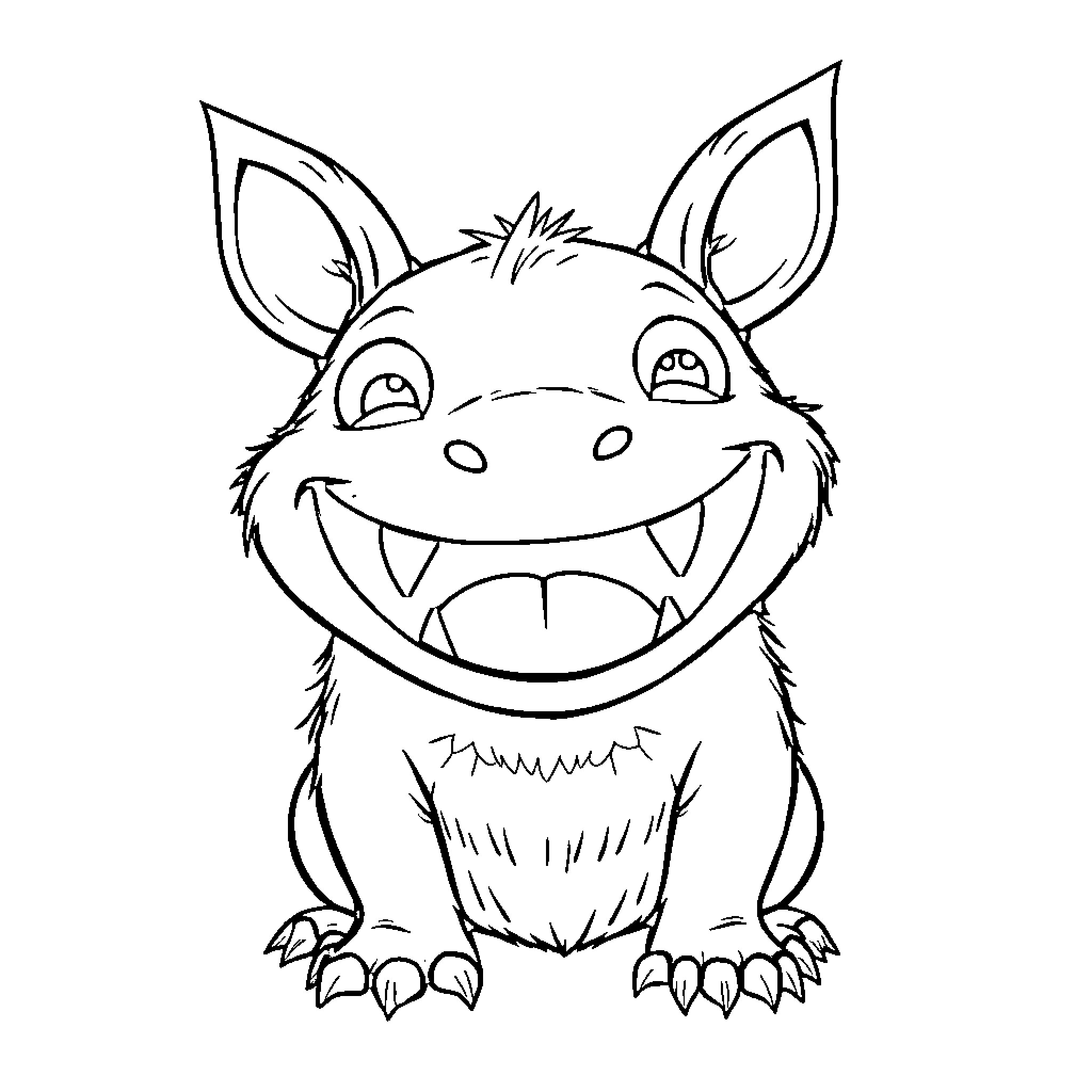 Toothless Creature with Big Smile and Ears Coloring Page (free black-and-white line drawing printable PDF for all, from beginners to advanced learners, including children, teens, adults, and seniors)