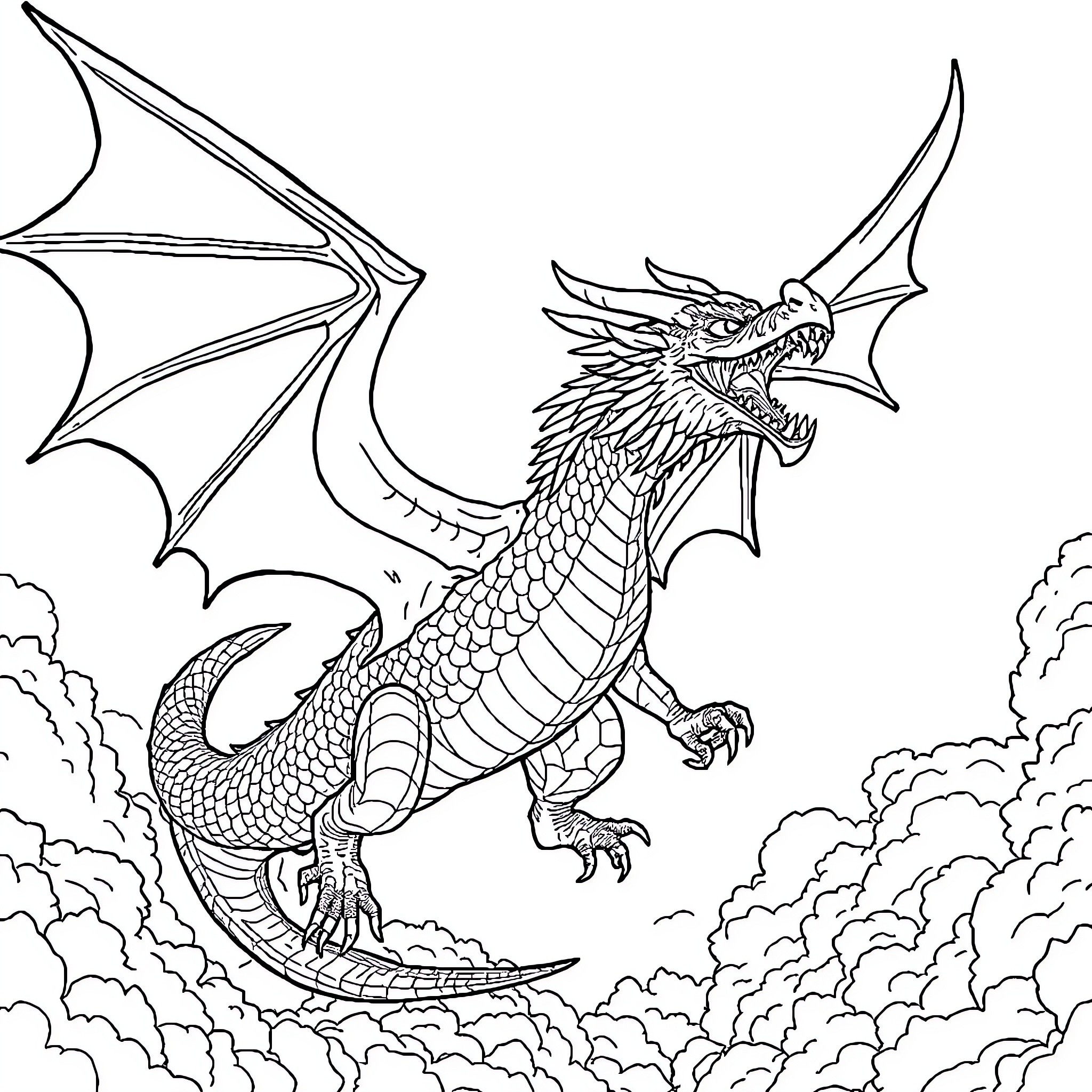 Dragon soaring through the cloudy skies Coloring Page (free black-and-white line drawing printable PDF for all, from beginners to advanced learners, including children, teens, adults, and seniors)