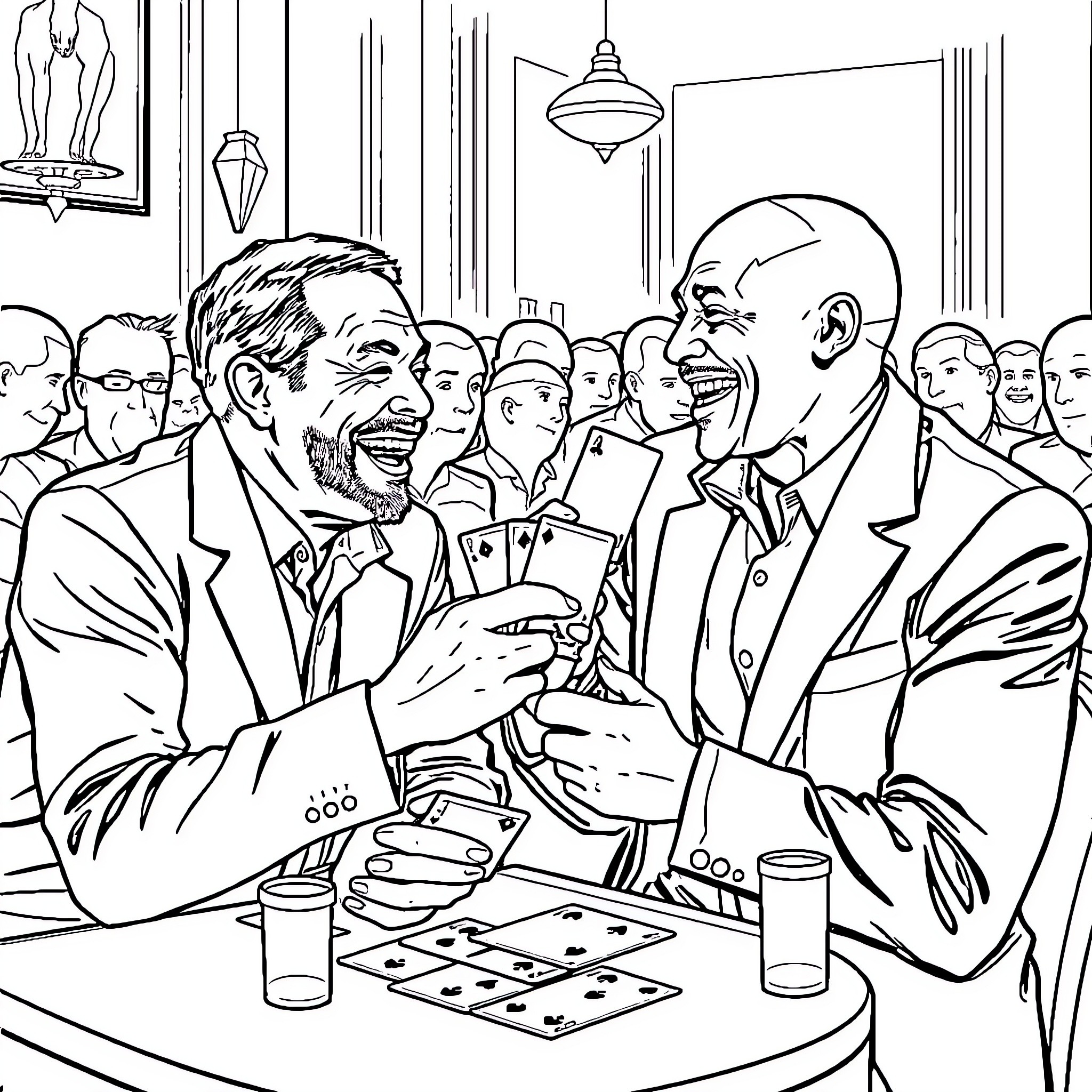 Georges Brassens gathering with friends playing cards Coloring Page (free black-and-white line drawing printable PDF for all, from beginners to advanced learners, including children, teens, adults, and seniors)