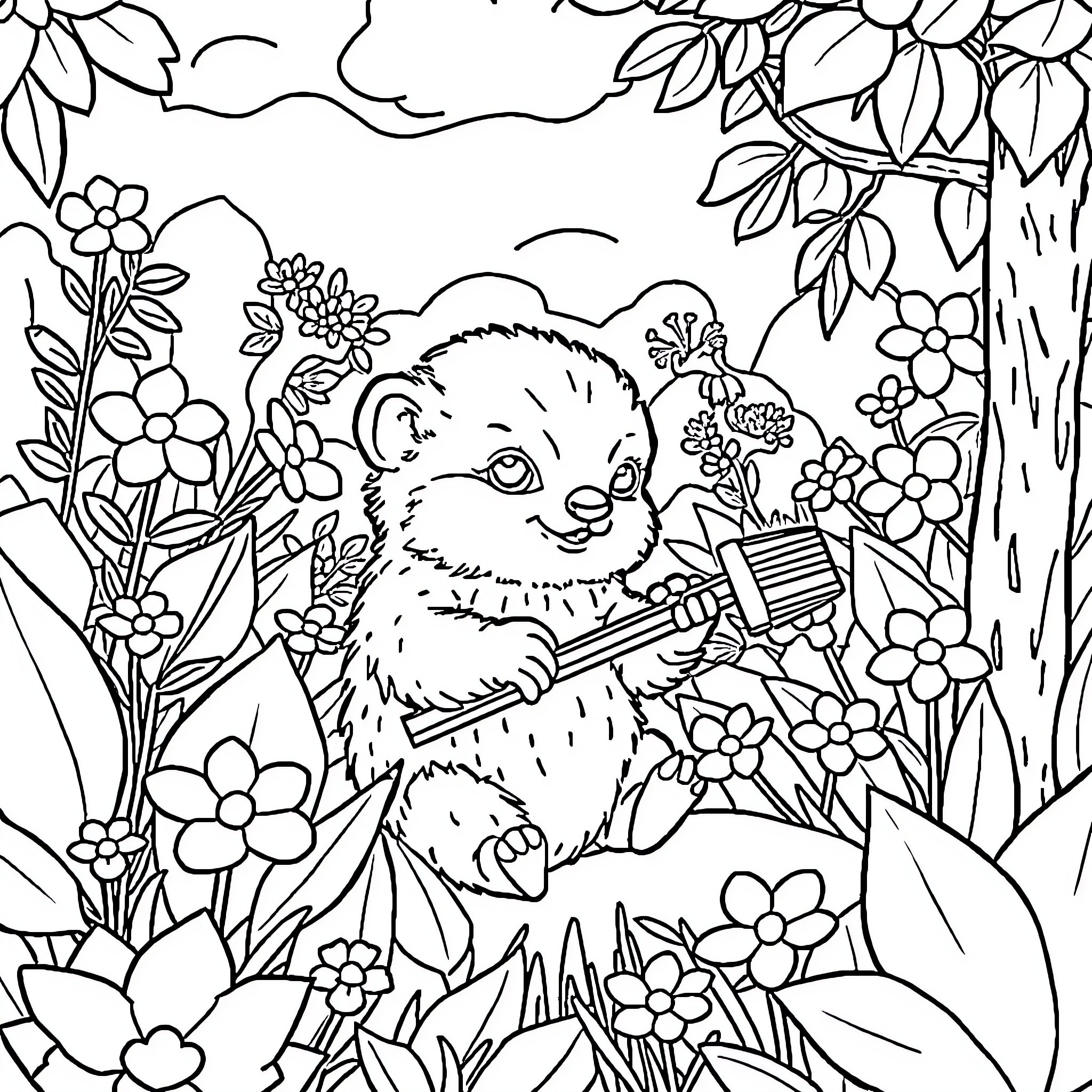 Teddy Bear Playing in Enchanting Floral Meadow Coloring Page (free black-and-white line drawing printable PDF for all, from beginners to advanced learners, including children, teens, adults, and seniors)