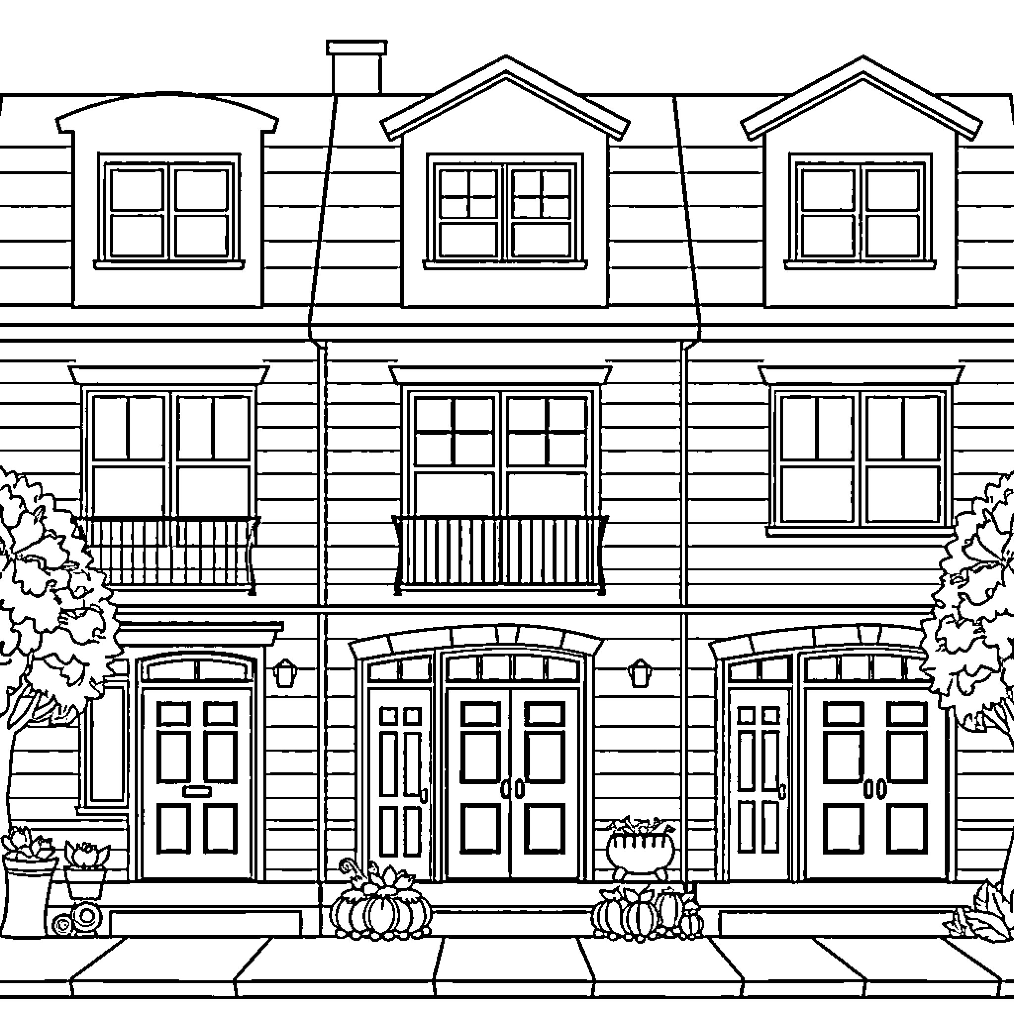 House fronts with porches and window arrangements Coloring Page (free black-and-white line drawing printable PDF for all, from beginners to advanced learners, including children, teens, adults, and seniors)