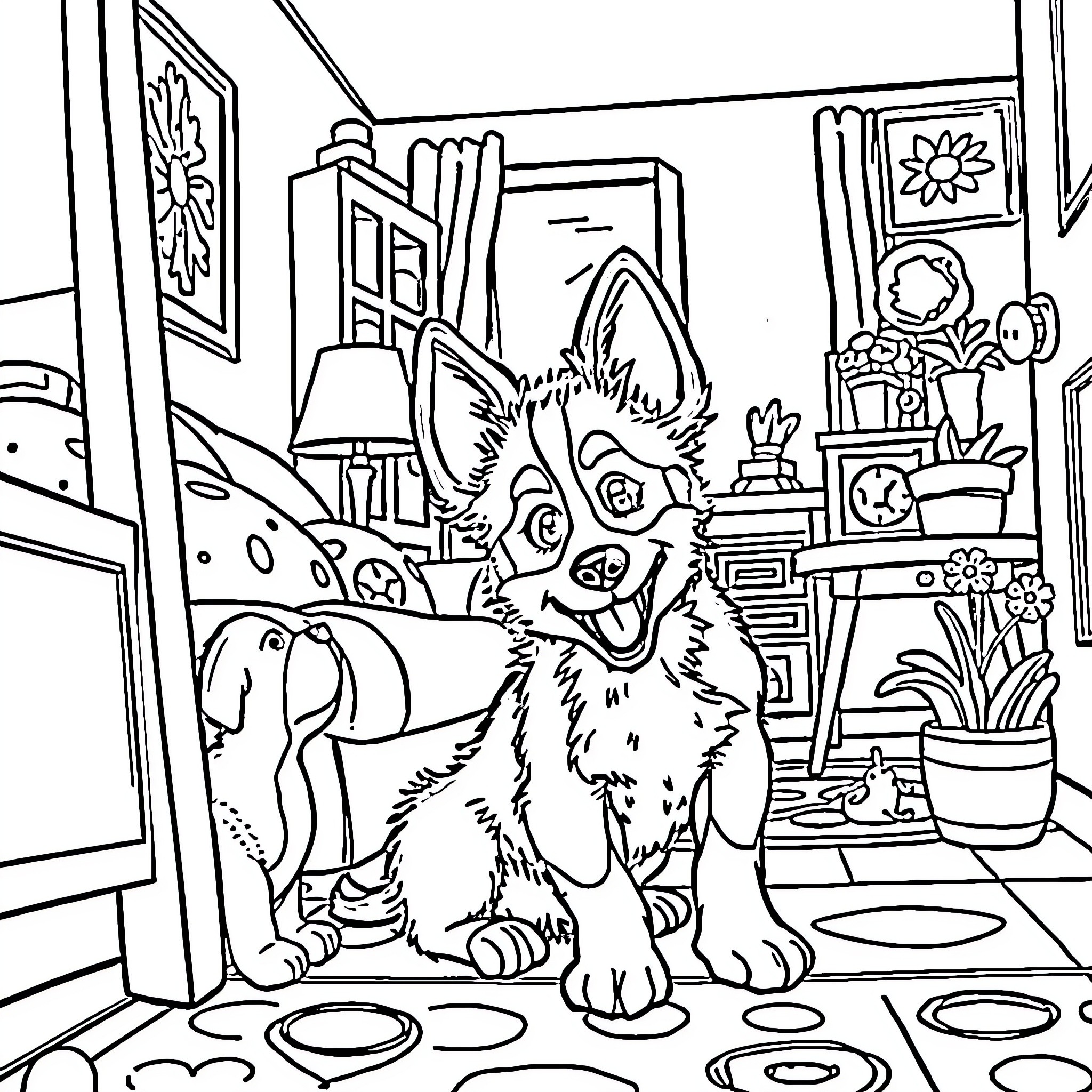 Bluey exploring a cozy and whimsical home Coloring Page (free black-and-white line drawing printable PDF for all, from beginners to advanced learners, including children, teens, adults, and seniors)