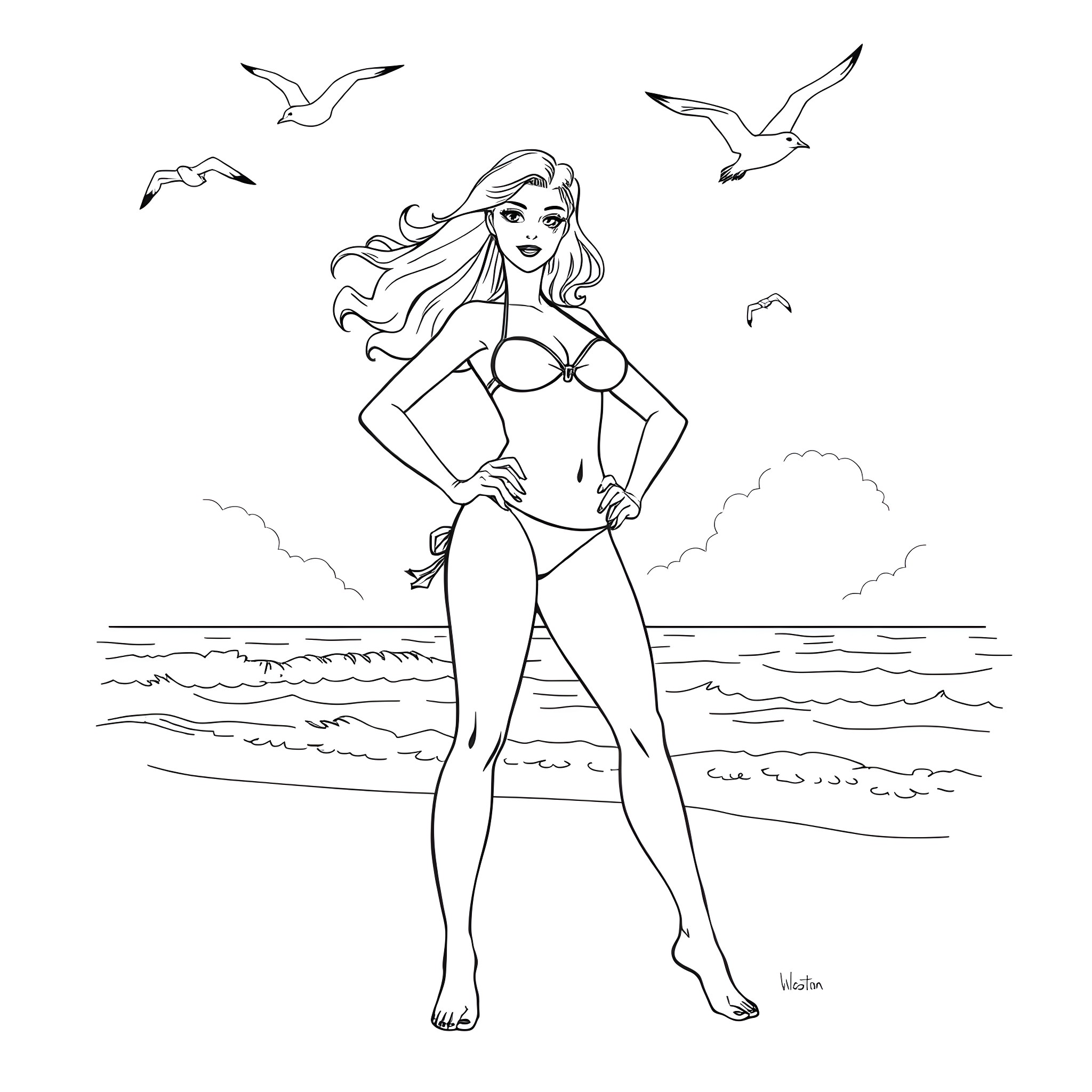 Power Girl Strikes a Confident Pose on the Beach Coloring Page (free black-and-white line drawing printable PDF for all, from beginners to advanced learners, including children, teens, adults, and seniors)