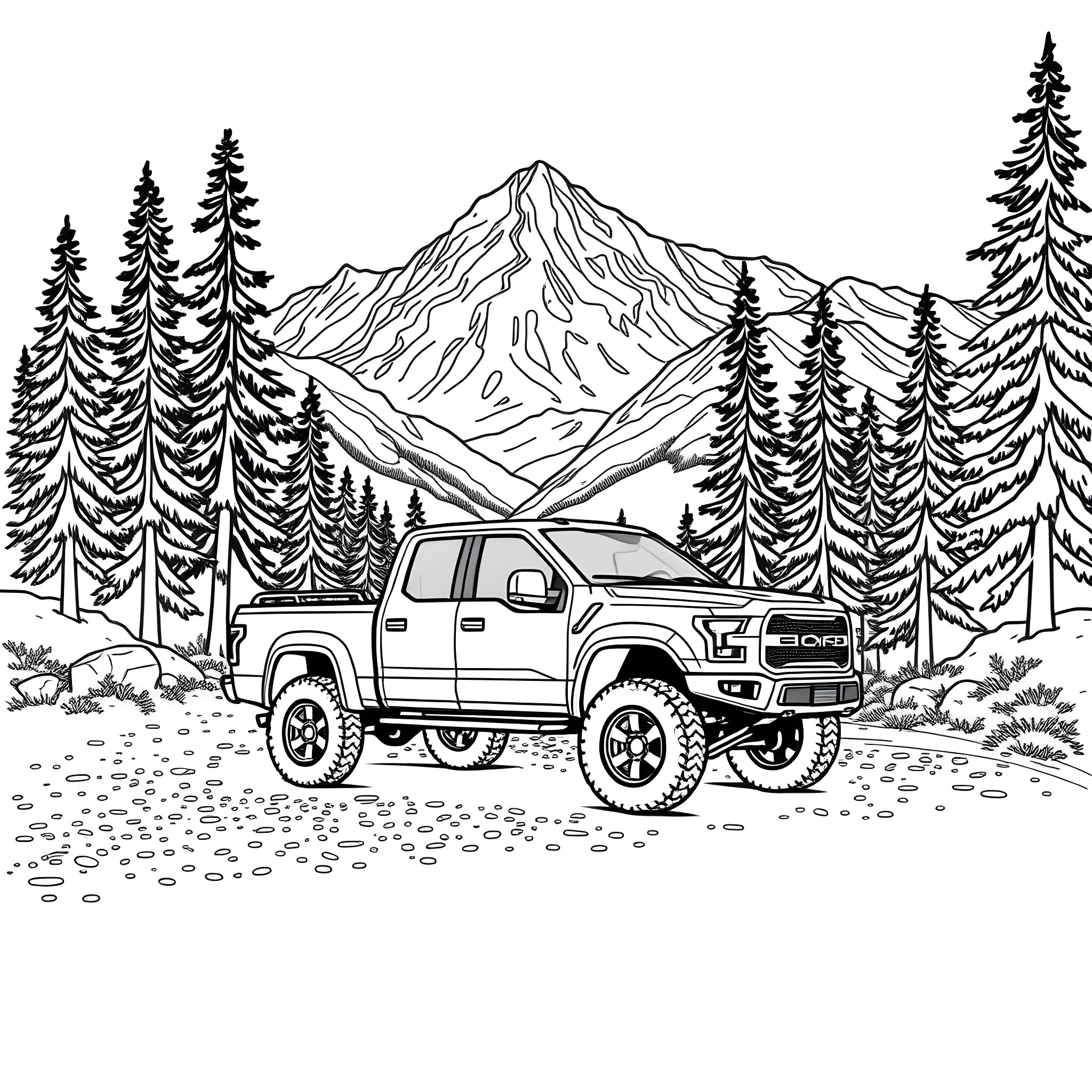 Pick Up Truck Traversing Rugged Mountain Terrain Coloring Page (free black-and-white line drawing printable PDF for all, from beginners to advanced learners, including children, teens, adults, and seniors)