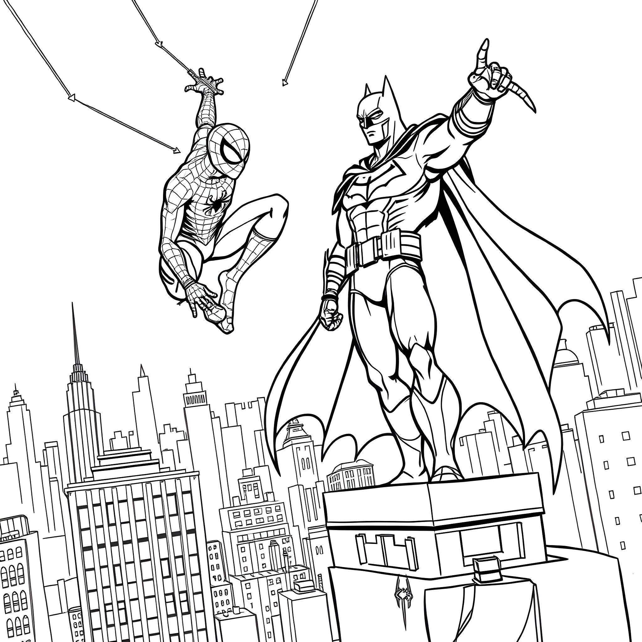 Spiderman and Batman in action over the city Coloring Page (free black-and-white line drawing printable PDF for all, from beginners to advanced learners, including children, teens, adults, and seniors)