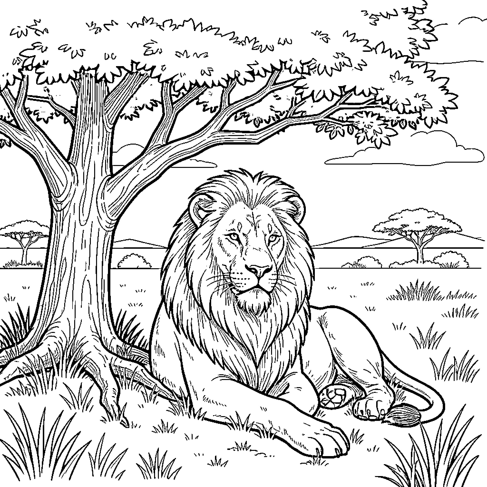 Lion resting peacefully in the African savanna Coloring Page (free black-and-white line drawing printable PDF for all, from beginners to advanced learners, including children, teens, adults, and seniors)