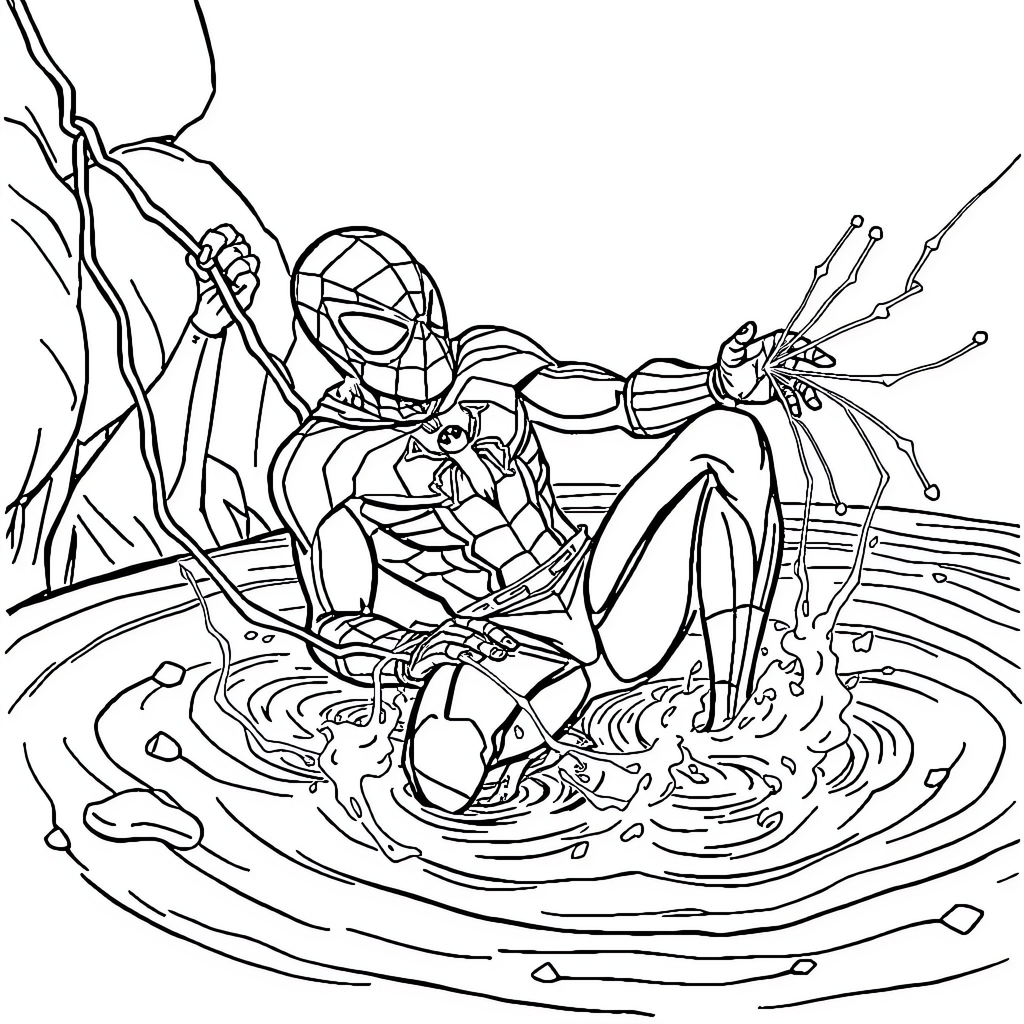 Spider-Man swinging through the city with web-slinging action Coloring Page (free black-and-white line drawing printable PDF for all, from beginners to advanced learners, including children, teens, adults, and seniors)