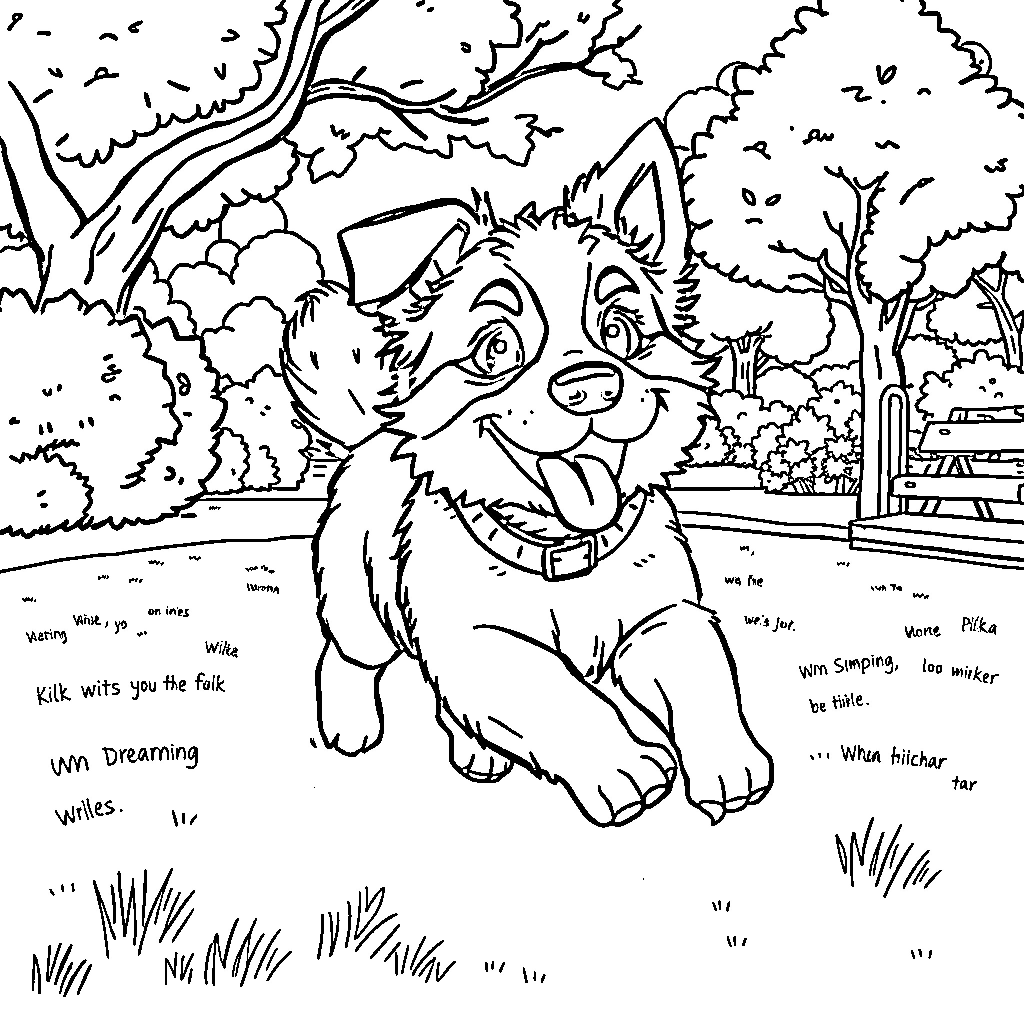 Pimpa the playful pup in the park Coloring Page (free black-and-white line drawing printable PDF for all, from beginners to advanced learners, including children, teens, adults, and seniors)