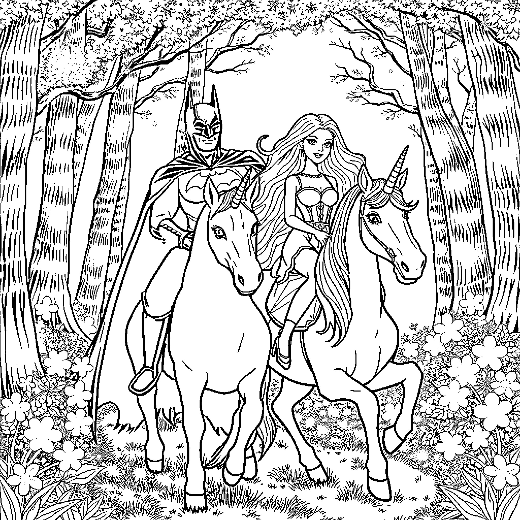 Unicorn Companions Exploring Enchanted Forest Coloring Page (free black-and-white line drawing printable PDF for all, from beginners to advanced learners, including children, teens, adults, and seniors)