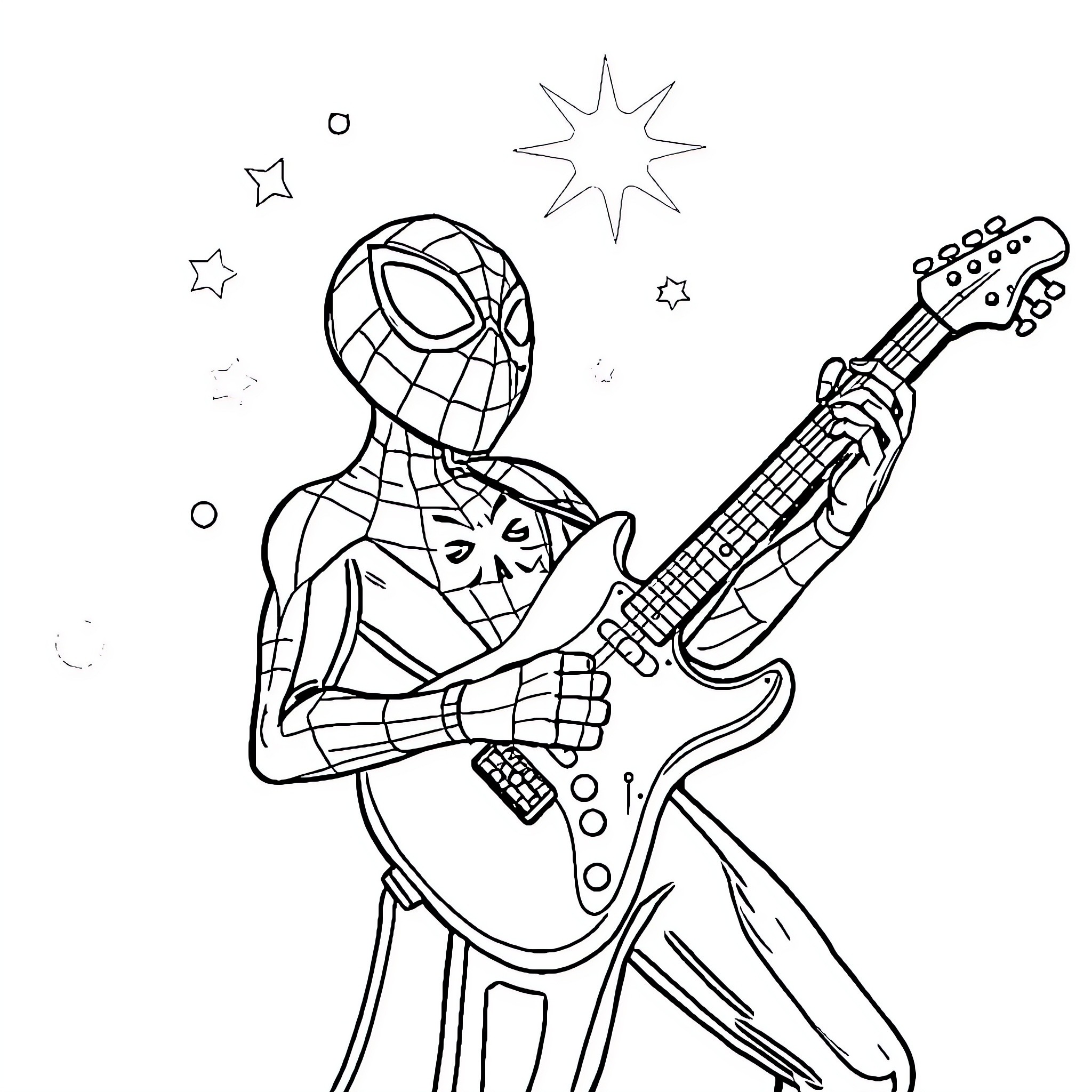 Spidey playing electric guitar and rocking out Coloring Page (free black-and-white line drawing printable PDF for all, from beginners to advanced learners, including children, teens, adults, and seniors)