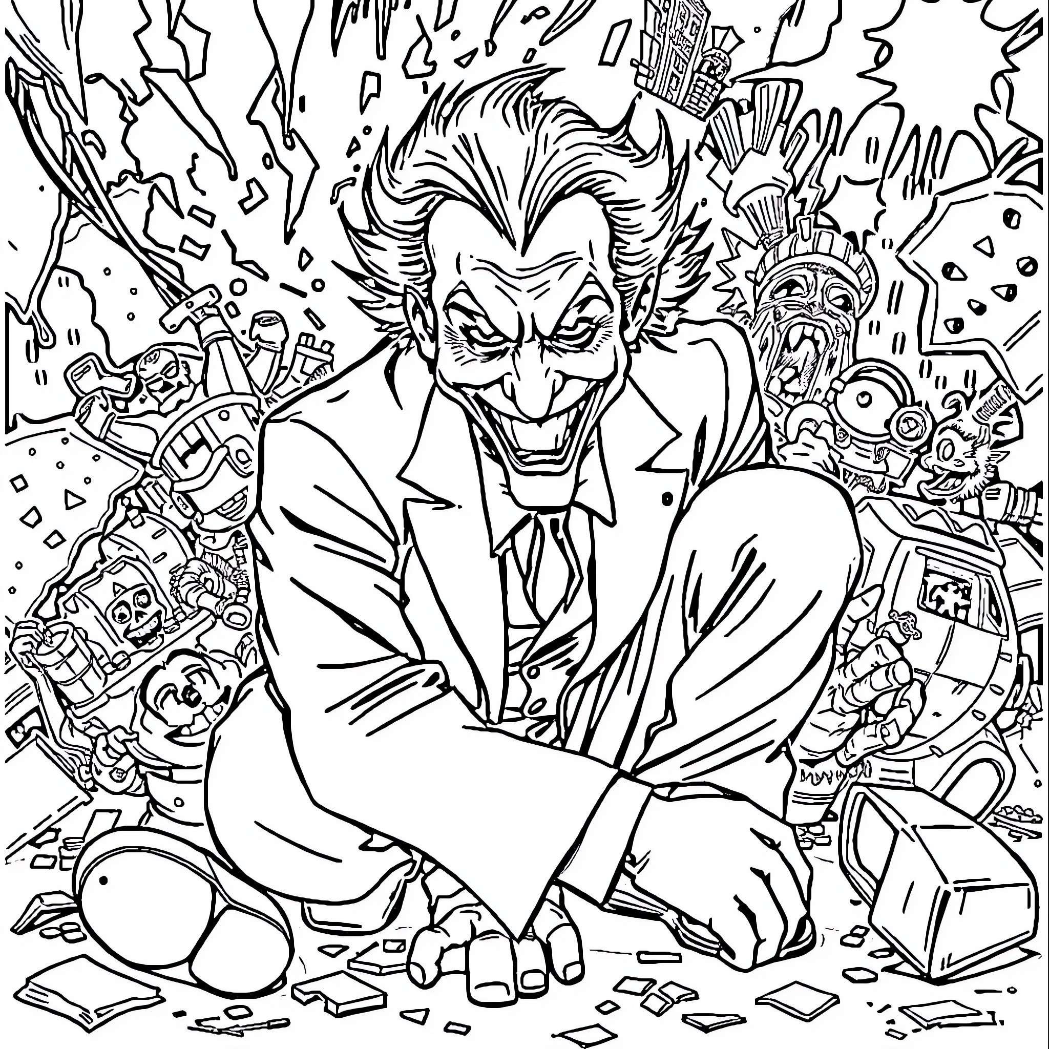 Joker's Chaotic Delight Coloring Page (free black-and-white line drawing printable PDF for all, from beginners to advanced learners, including children, teens, adults, and seniors)