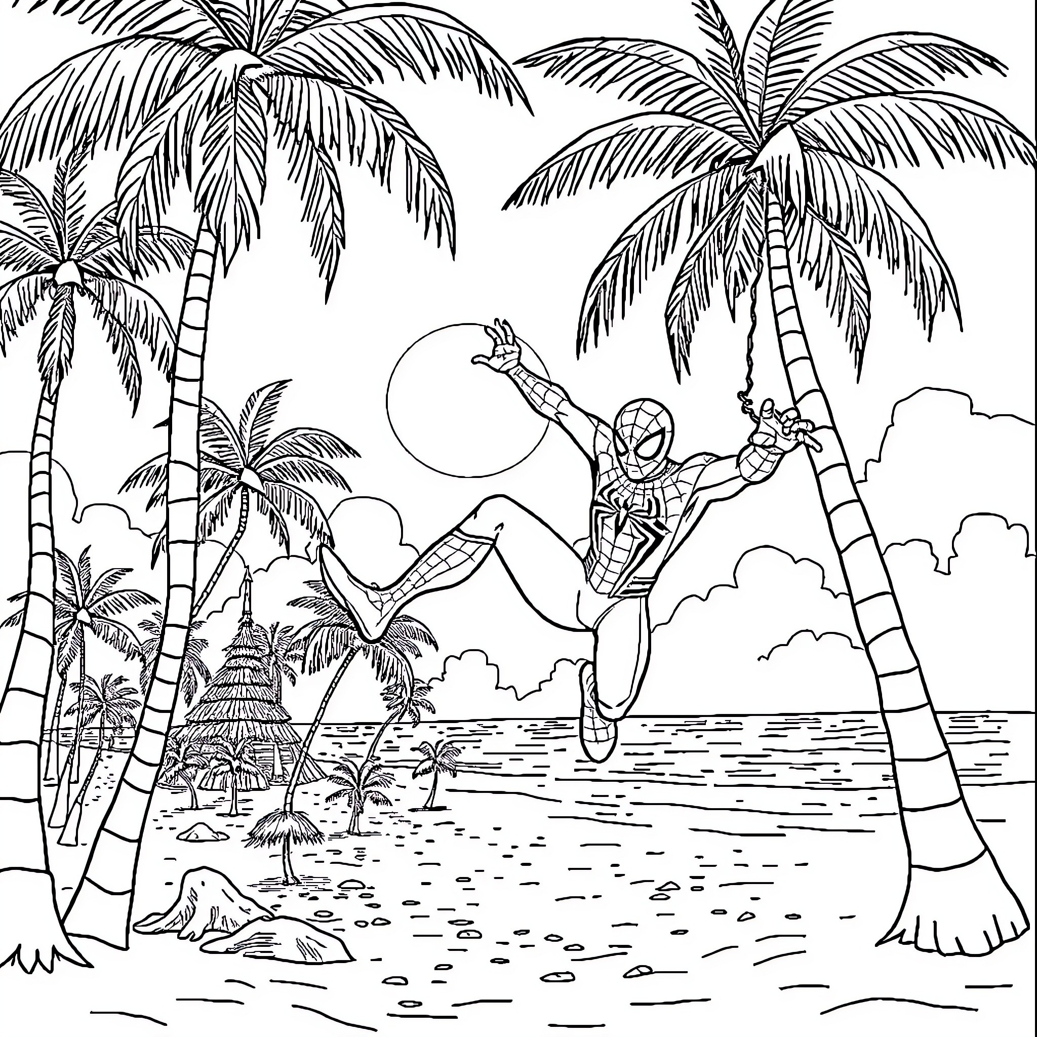 Spiderman swinging through tropical beach scene Coloring Page (free black-and-white line drawing printable PDF for all, from beginners to advanced learners, including children, teens, adults, and seniors)