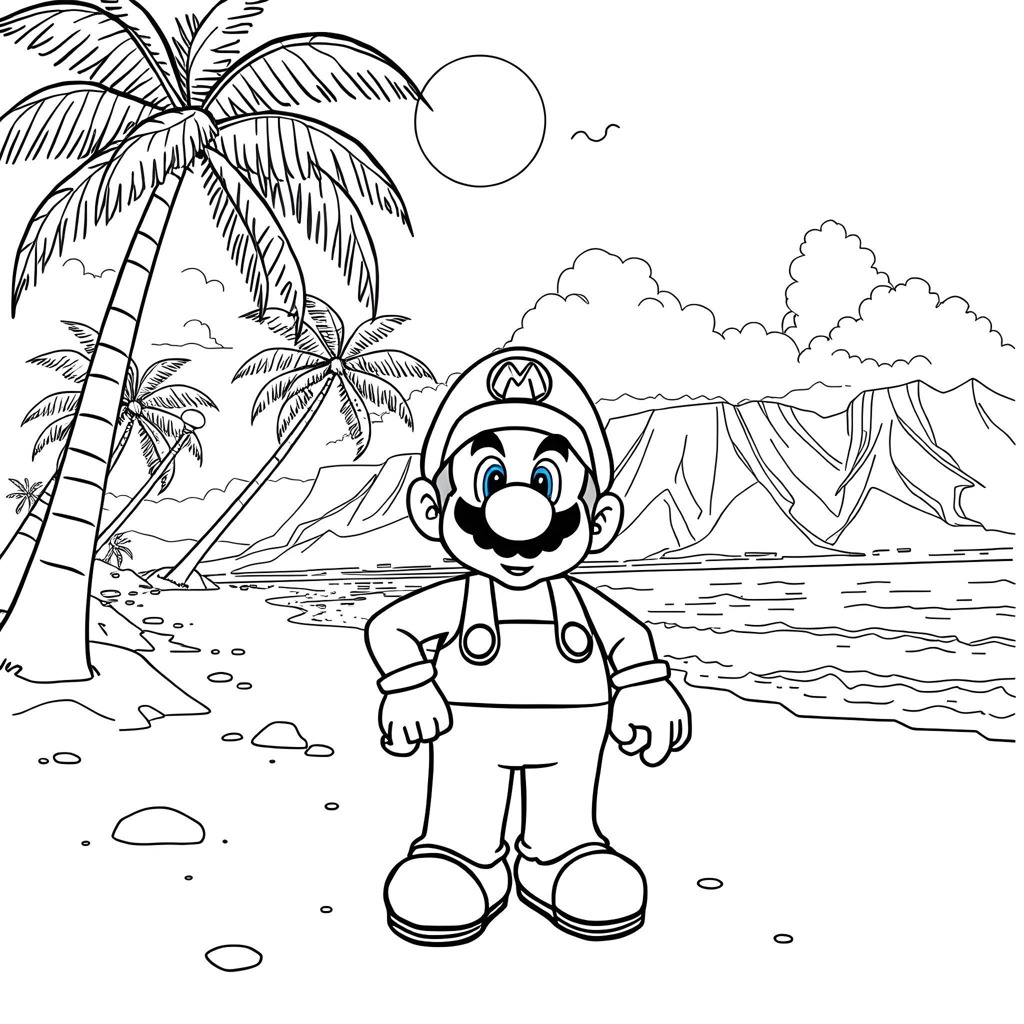 Mario on a tropical beach adventure Coloring Page (free black-and-white line drawing printable PDF for all, from beginners to advanced learners, including children, teens, adults, and seniors)