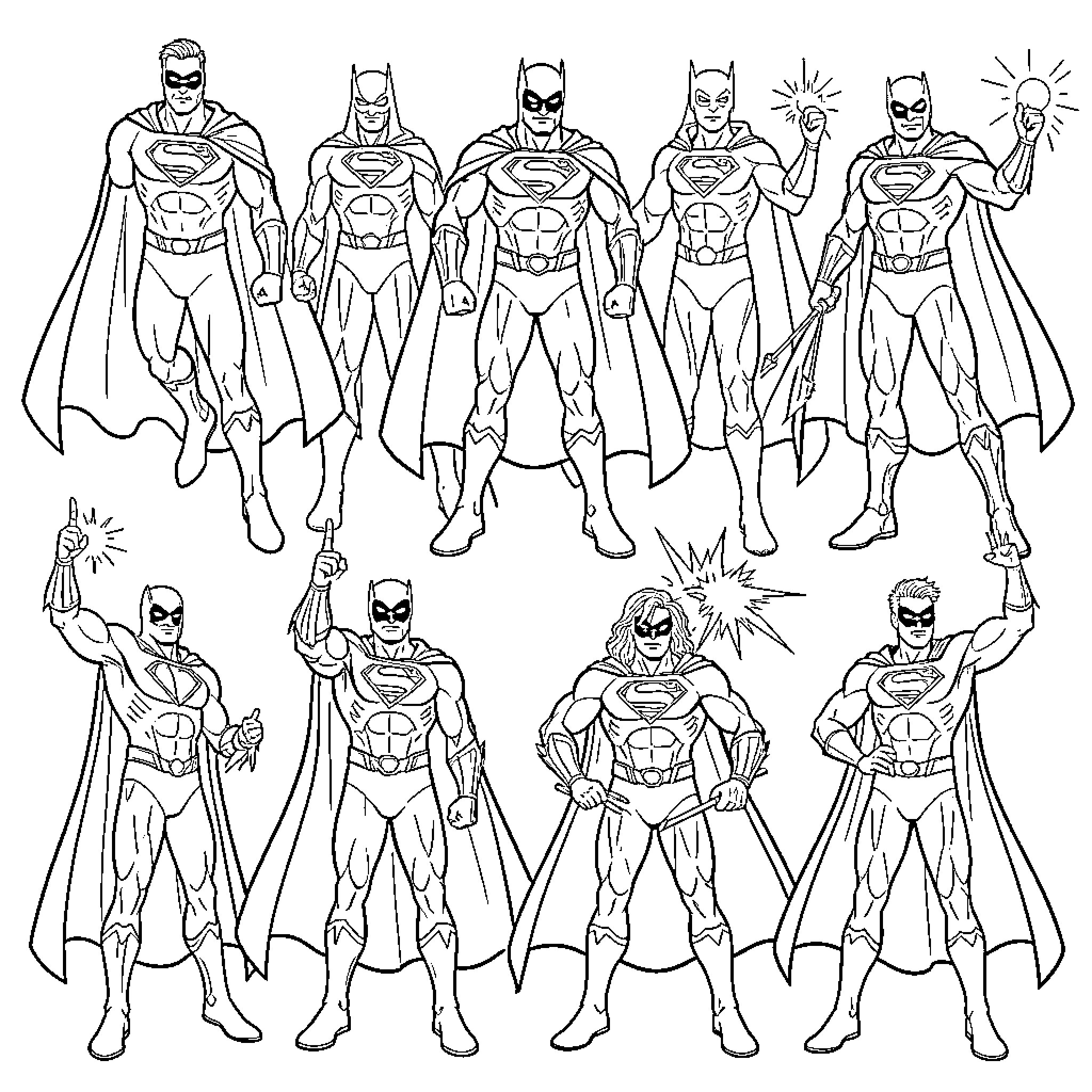 Superhero Team Assembles with Heroic Poses and Outfits Coloring Page (free black-and-white line drawing printable PDF for all, from beginners to advanced learners, including children, teens, adults, and seniors)