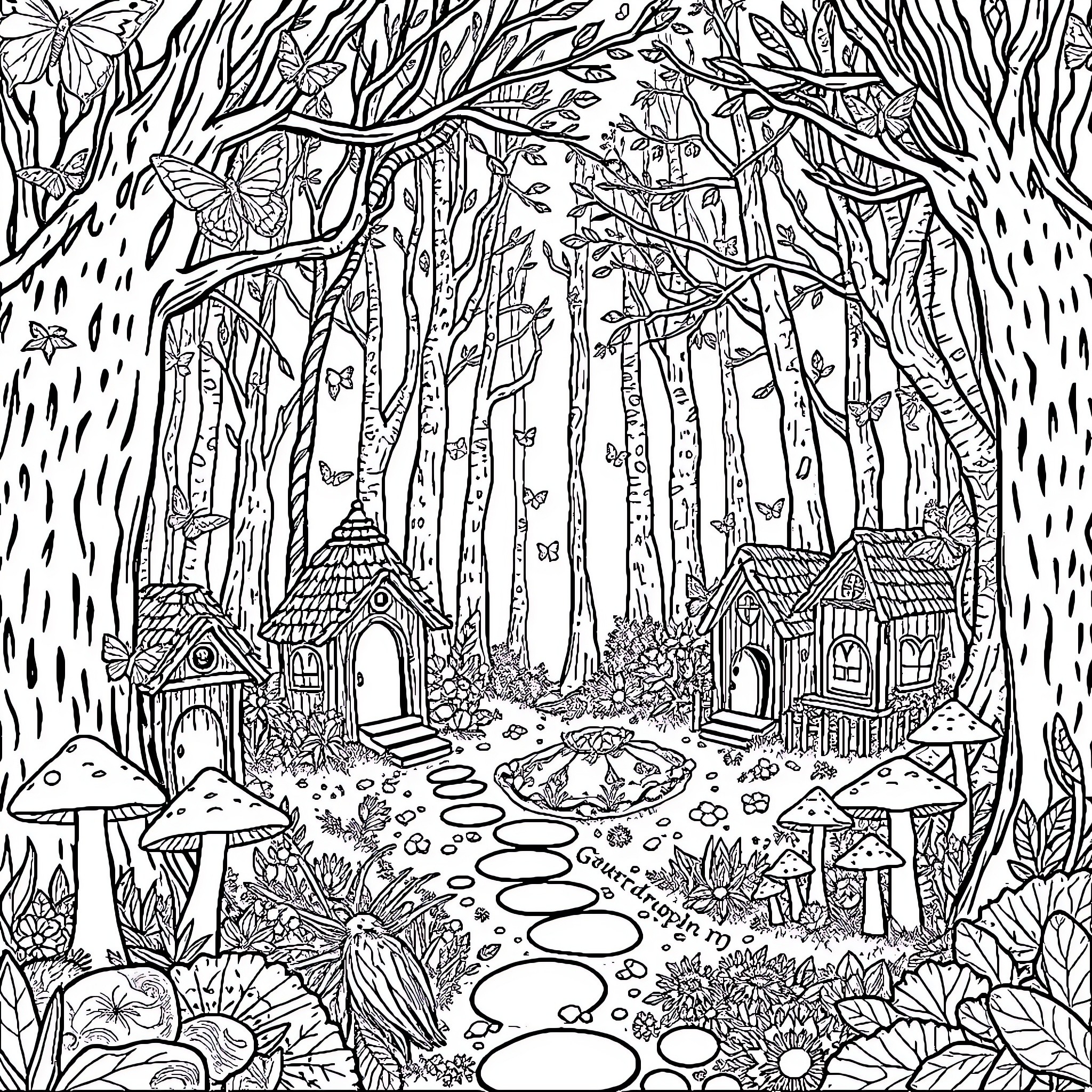 Forest Fairytale Landscape with Cottages and Nature Coloring Page (free black-and-white line drawing printable PDF for all, from beginners to advanced learners, including children, teens, adults, and seniors)