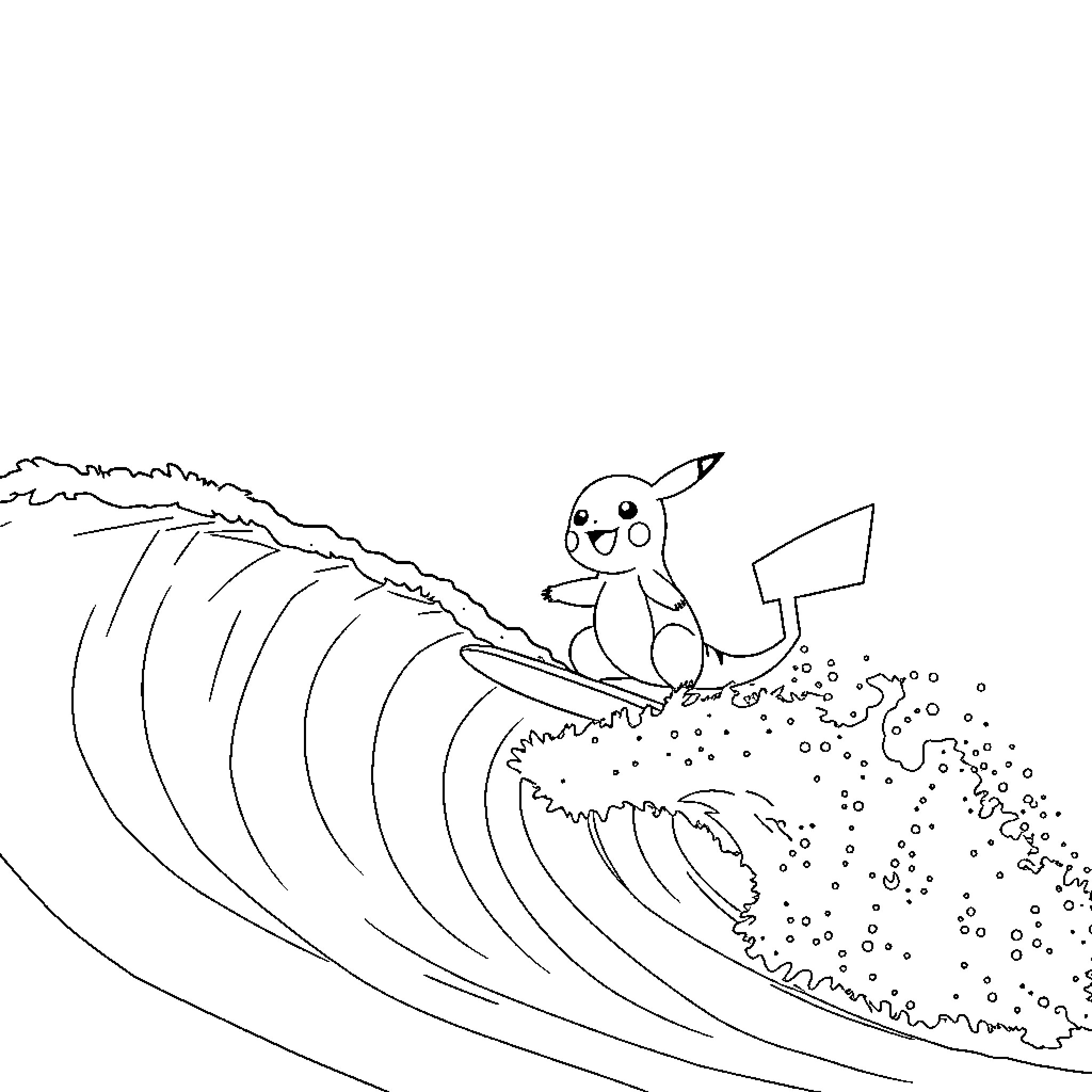 Pikachu surfing on a giant wave Coloring Page (free black-and-white line drawing printable PDF for all, from beginners to advanced learners, including children, teens, adults, and seniors)