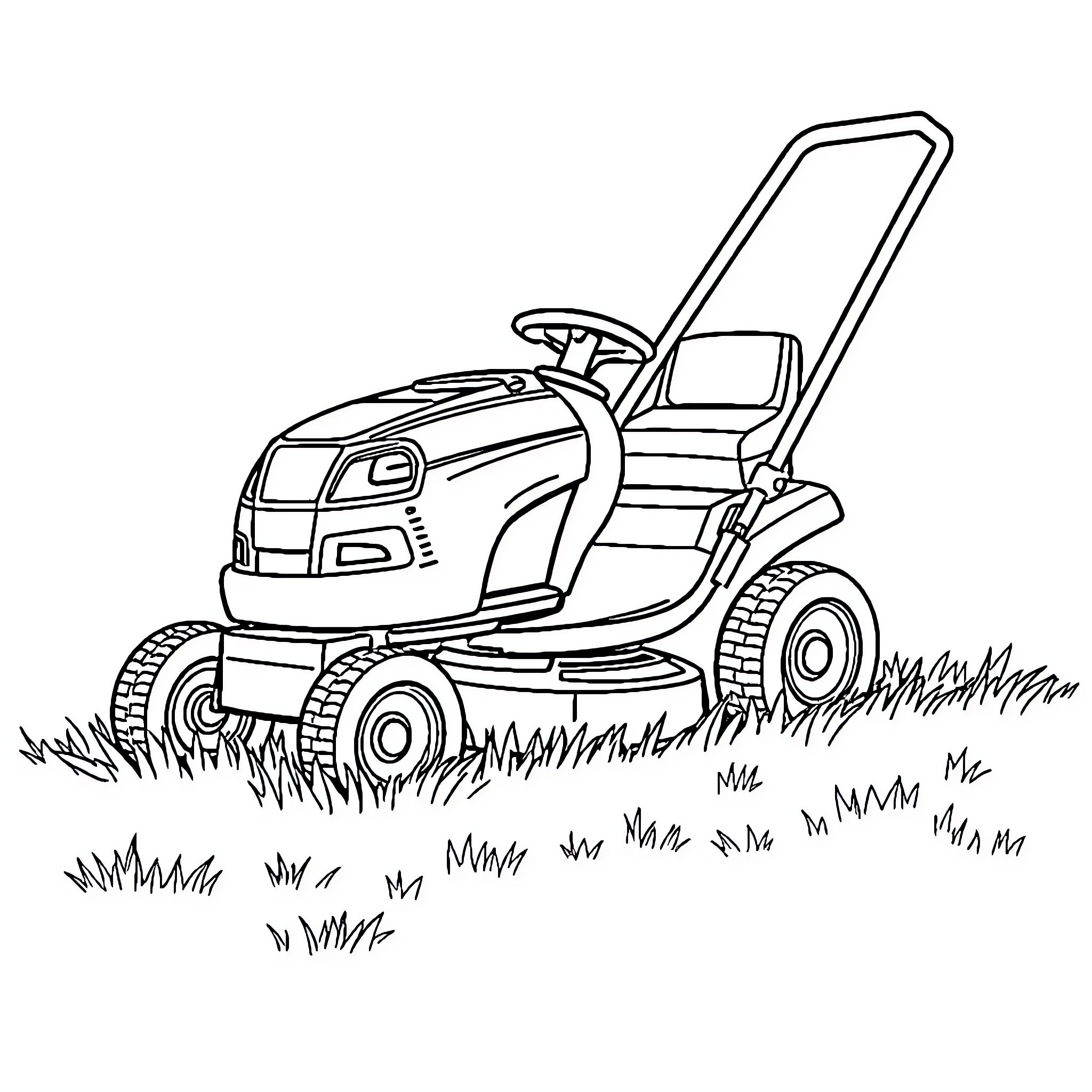 Lawn Mower cutting grass in the yard Coloring Page (free black-and-white line drawing printable PDF for all, from beginners to advanced learners, including children, teens, adults, and seniors)