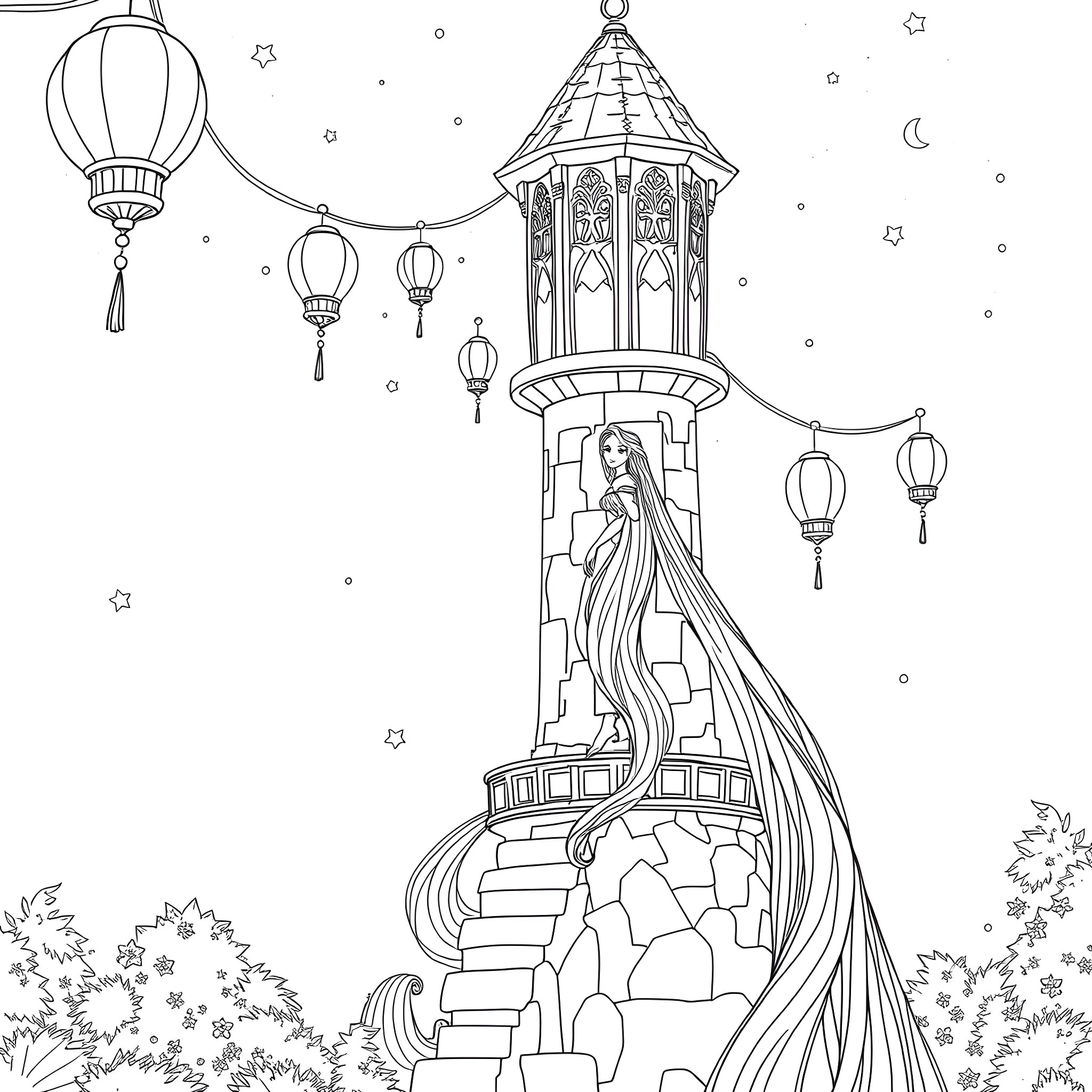 Rapunzel in her enchanted tower with lanterns Coloring Page (free black-and-white line drawing printable PDF for all, from beginners to advanced learners, including children, teens, adults, and seniors)